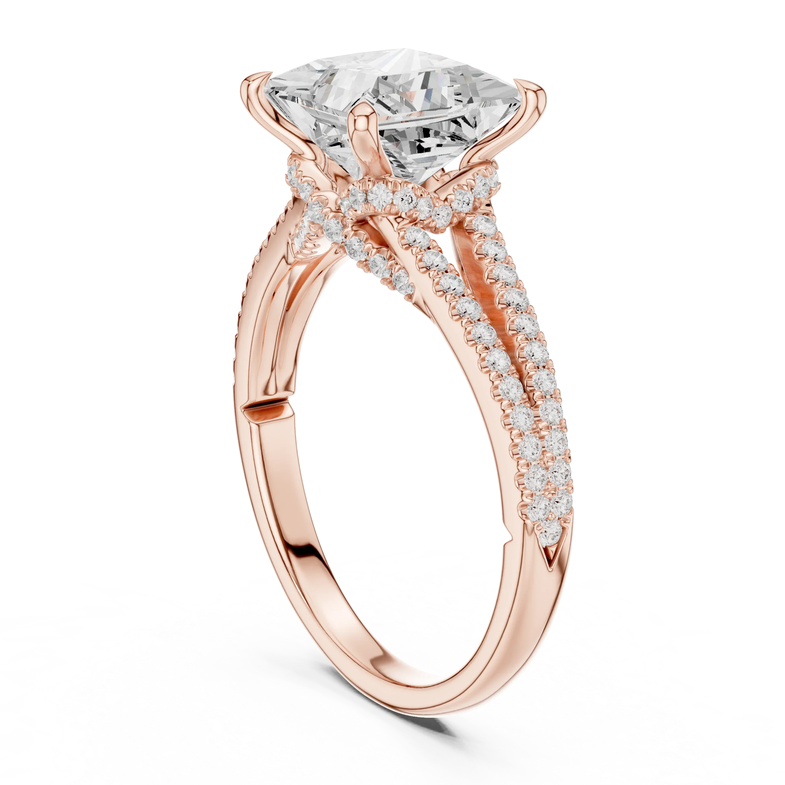 Princess Cut Diamond Split Shank Engagement Ring with Pave Accents