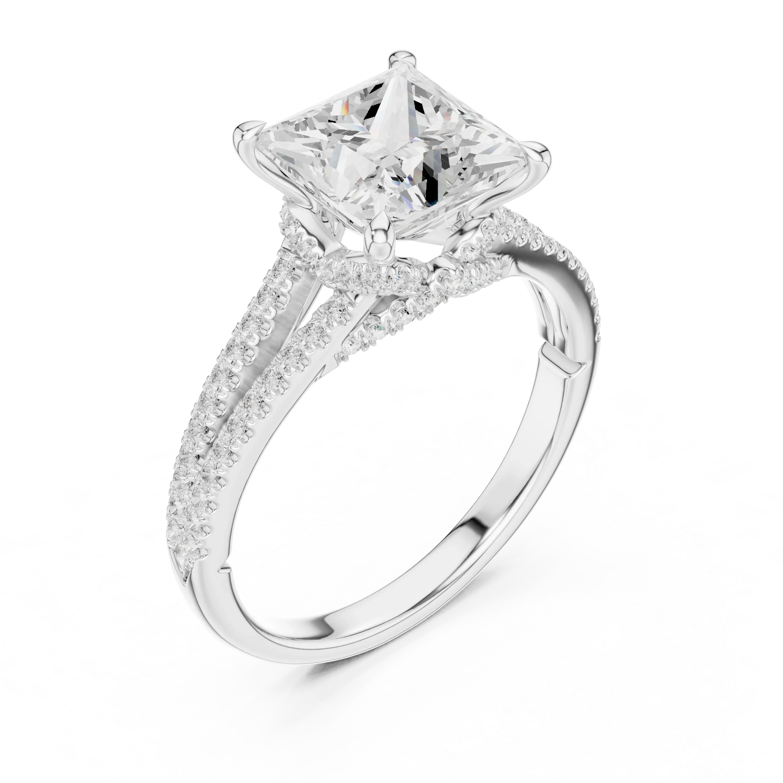 Princess Cut Diamond Split Shank Engagement Ring with Pave Accents