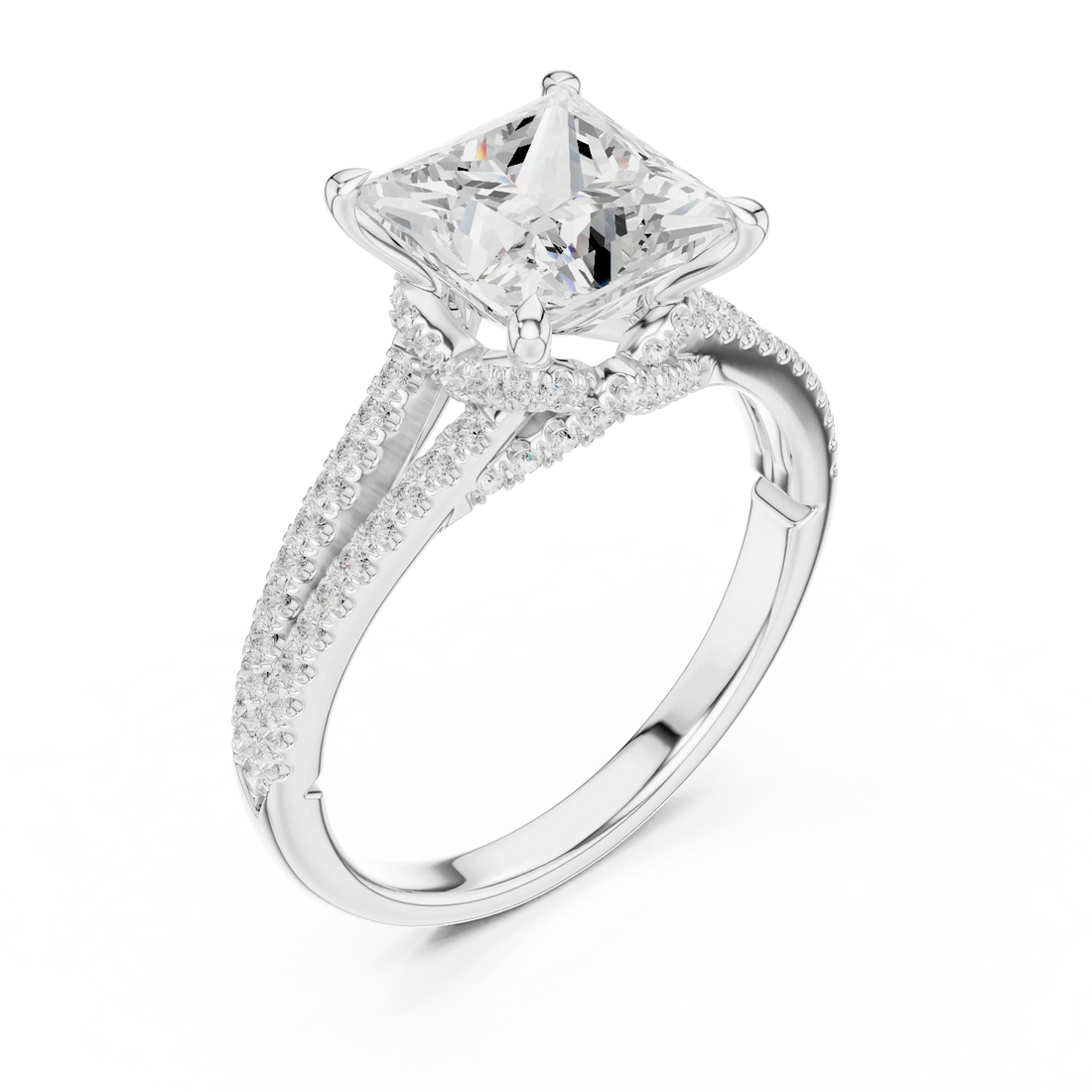 Princess Cut Diamond Split Shank Engagement Ring with Pave Accents