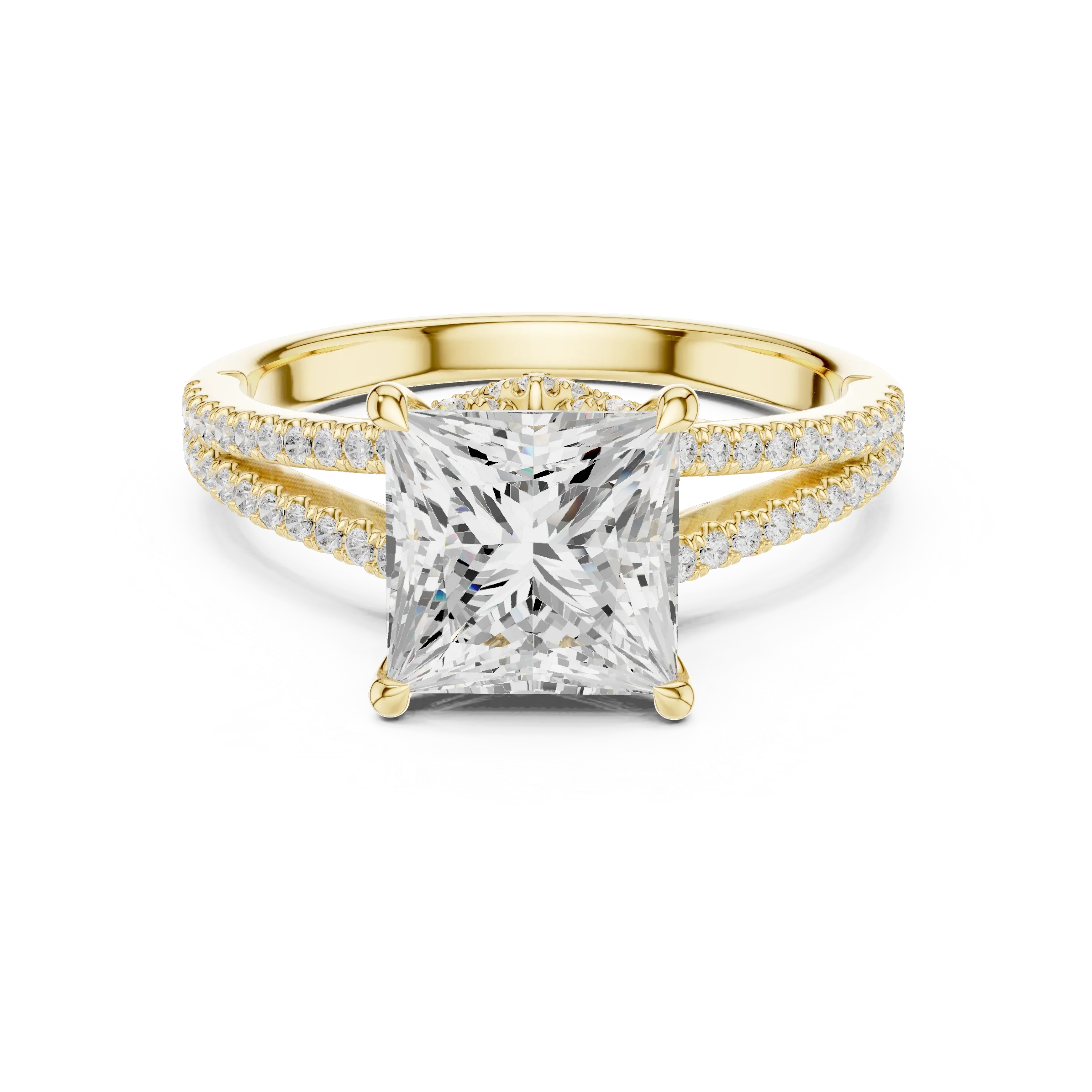 Princess Cut Diamond Split Shank Engagement Ring with Pave Accents