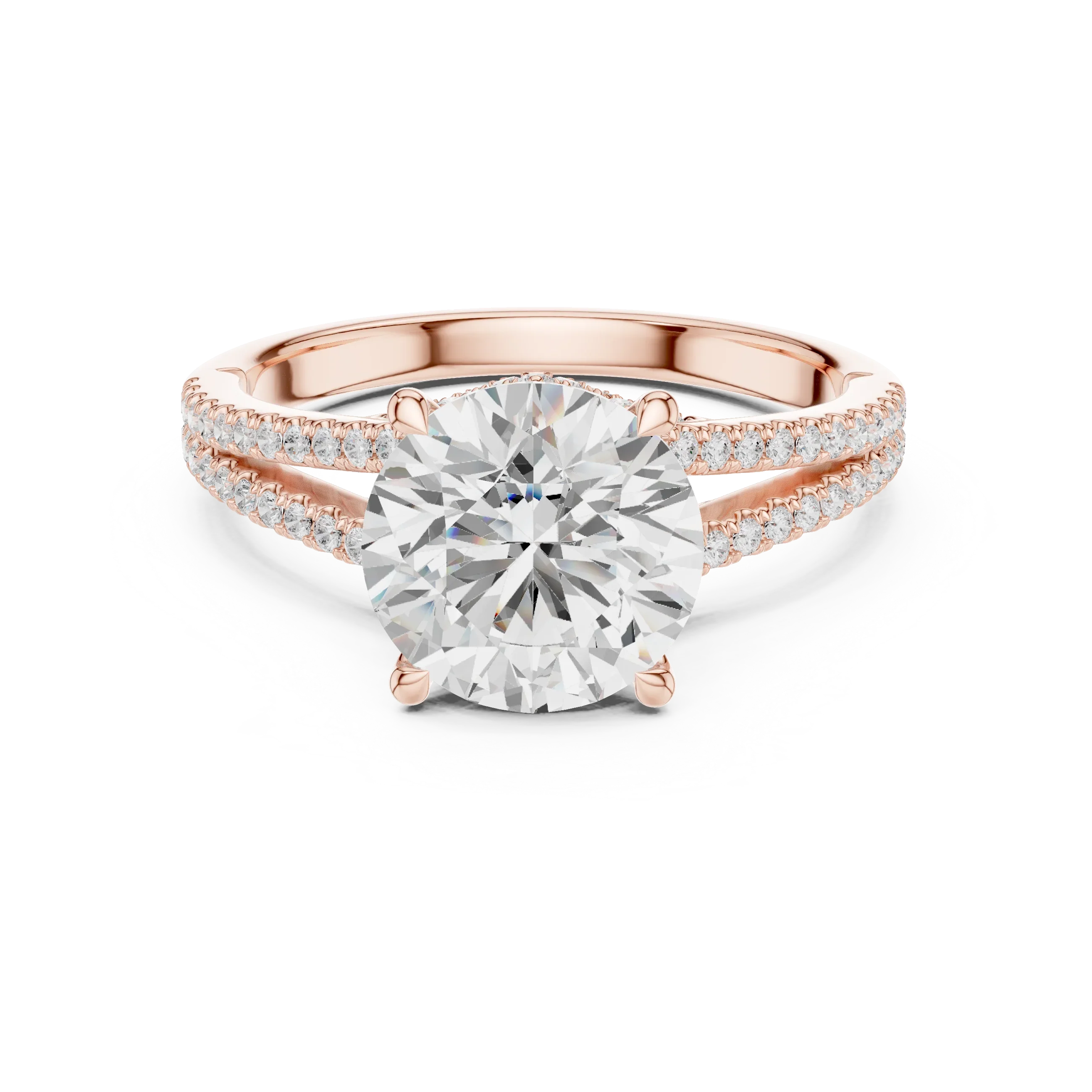 Round Cut Diamond Split Shank Engagement Ring with Pave Accents