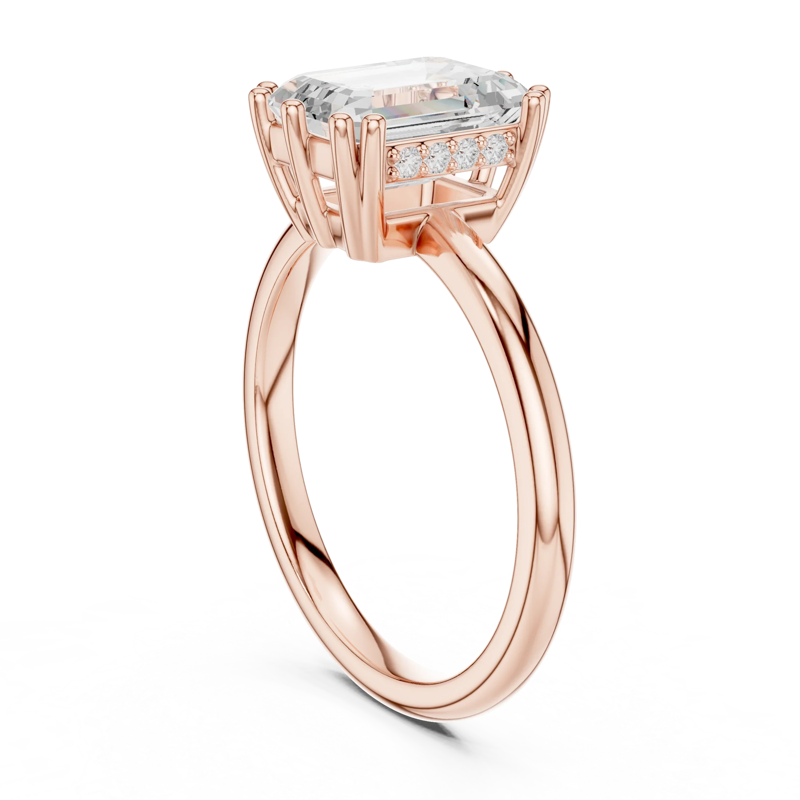 Emerald Cut Diamond Solitaire Engagement Ring with Hidden Accent Diamonds