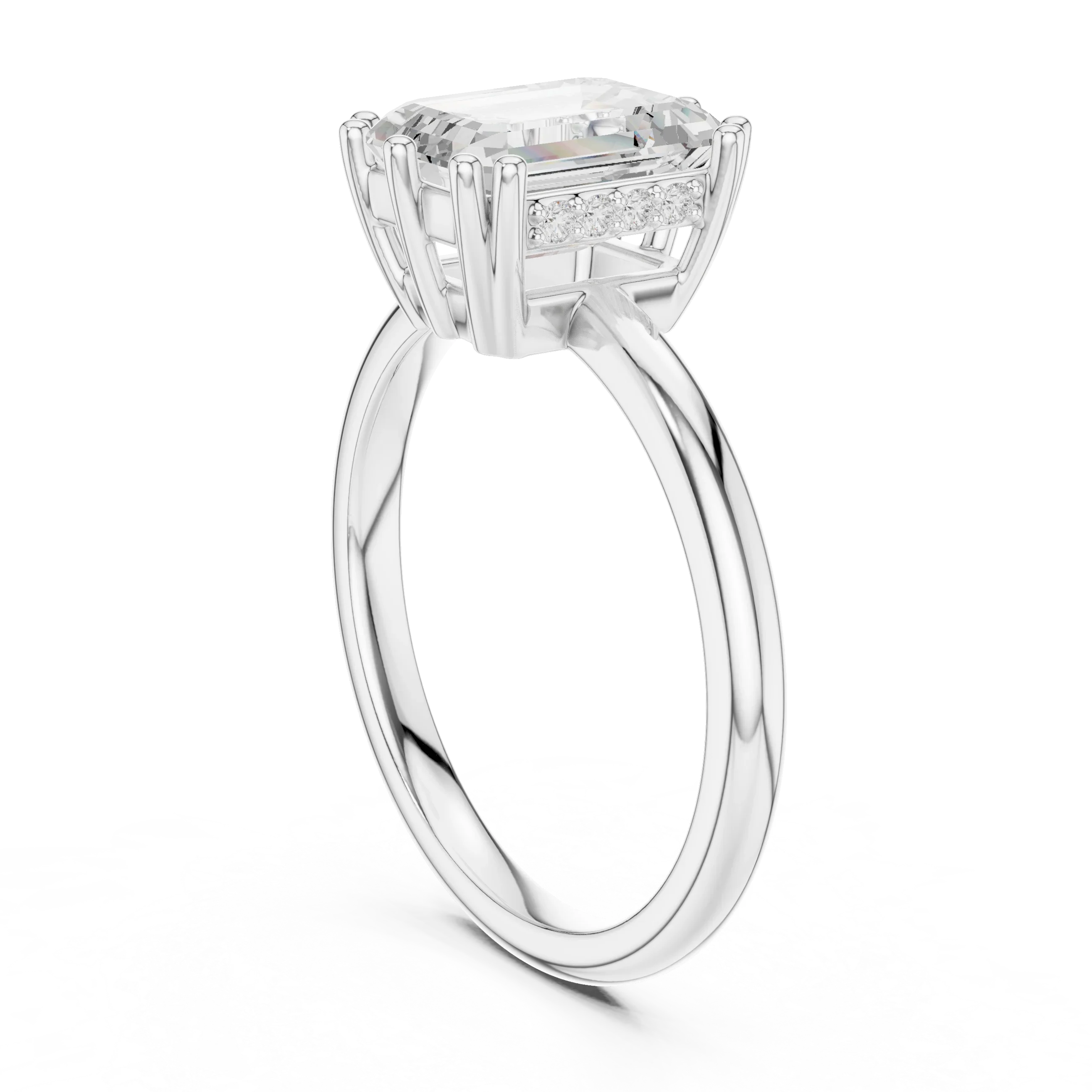 Emerald Cut Diamond Solitaire Engagement Ring with Hidden Accent Diamonds