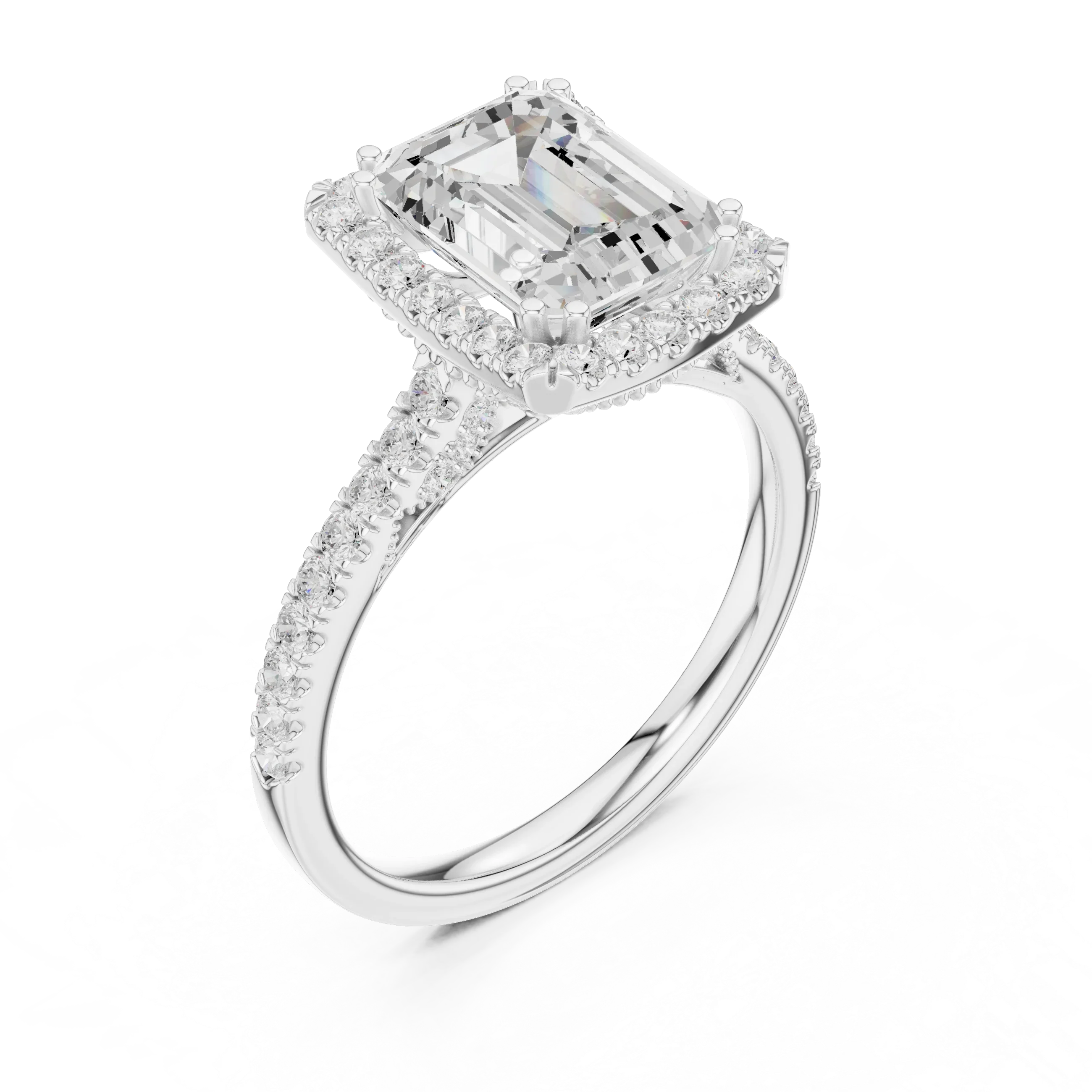 Emerald Cut Diamond Halo Engagement Ring with Pave Band
