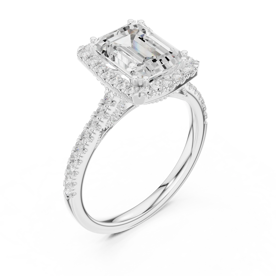 Emerald Cut Diamond Halo Engagement Ring with Pave Band