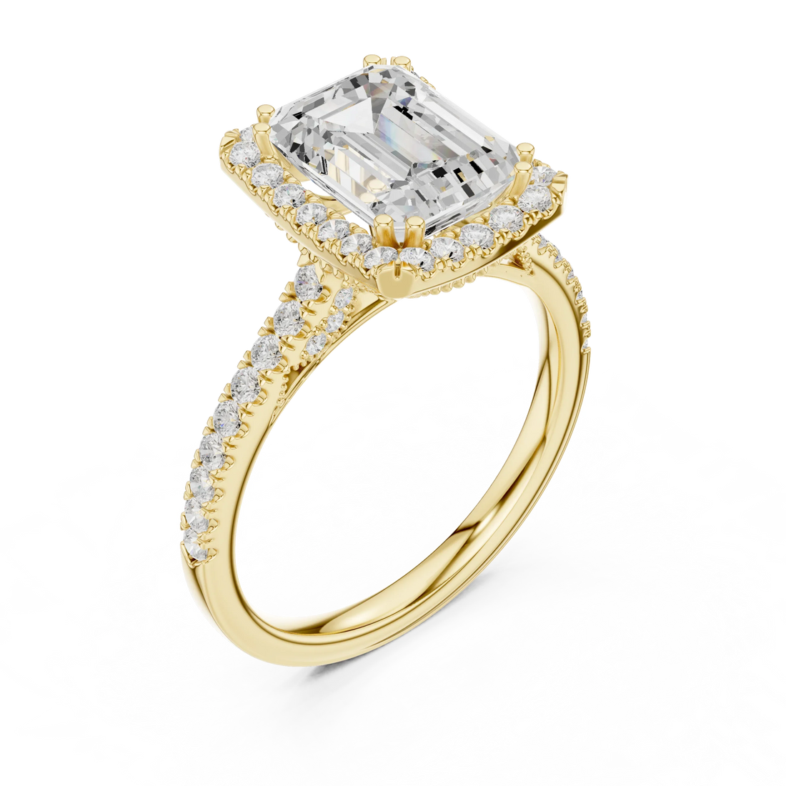 Emerald Cut Diamond Halo Engagement Ring with Pave Band