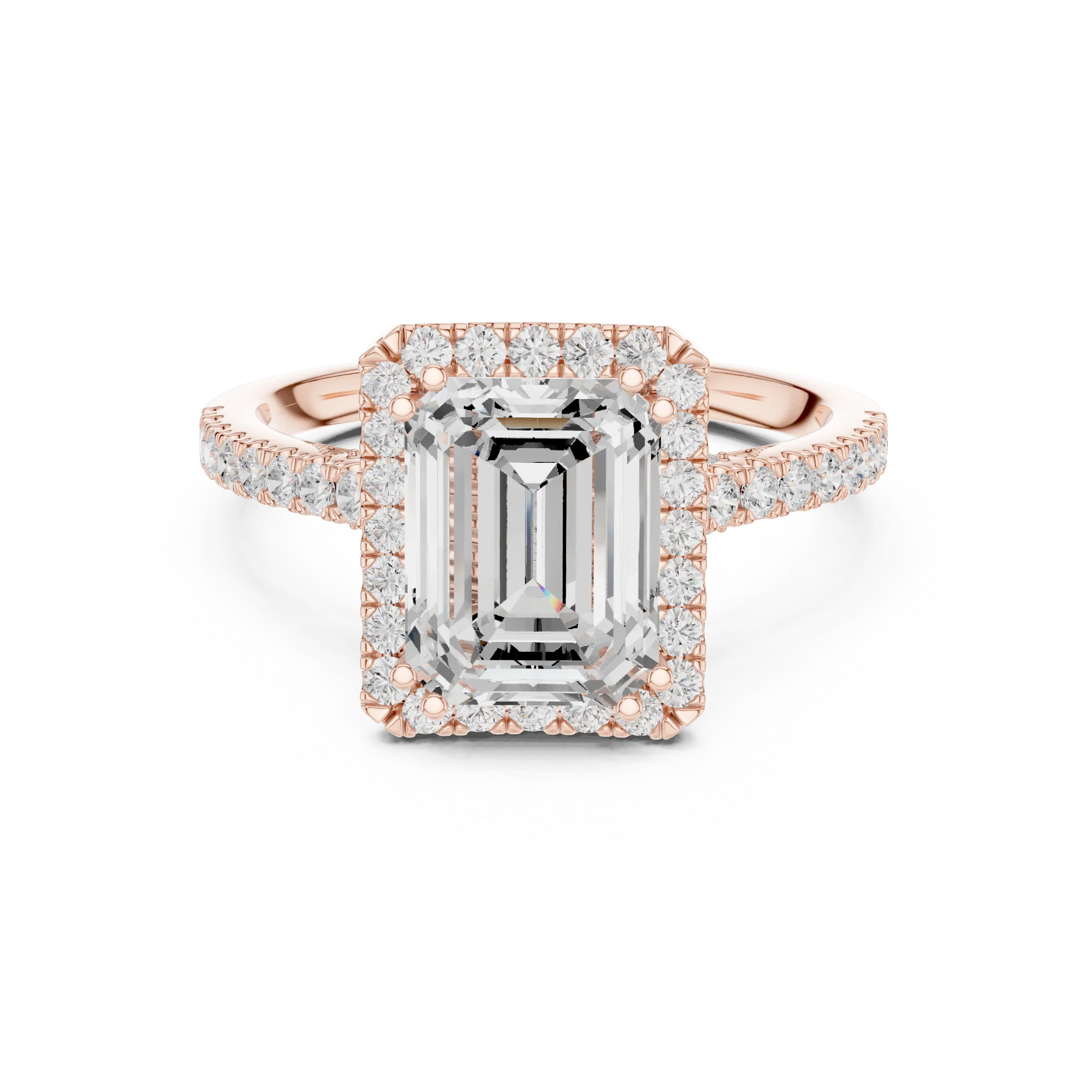 Emerald Cut Diamond Halo Engagement Ring with Pave Band