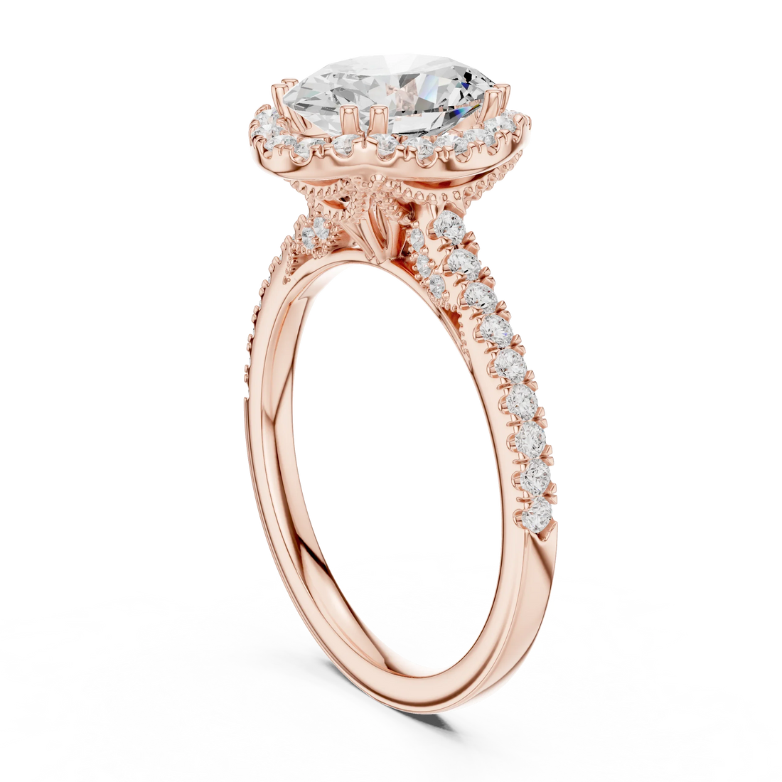 Oval Cut Diamond Halo Engagement Ring with Pave Band