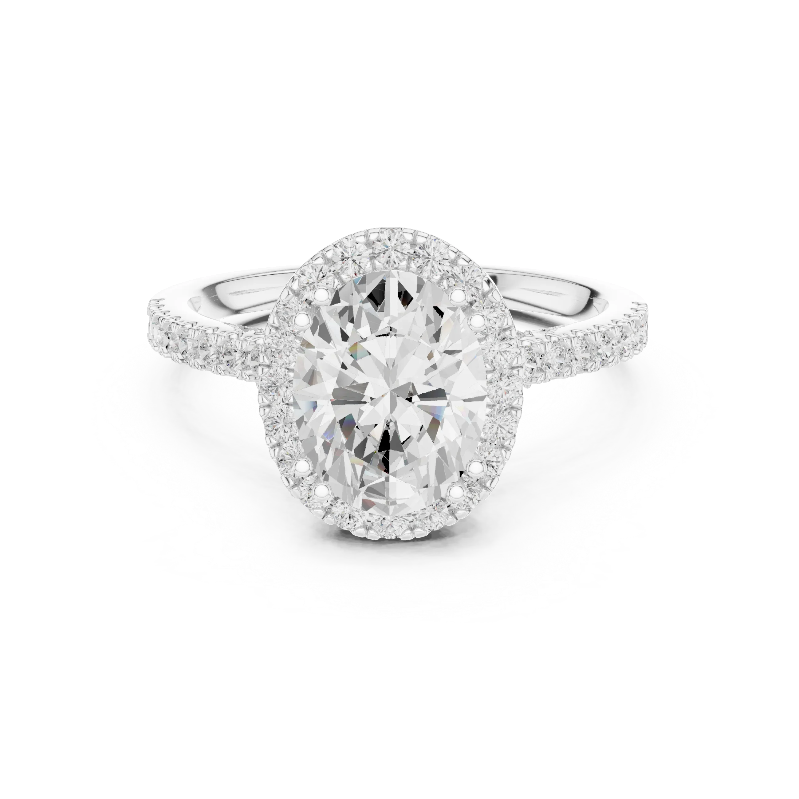 Oval Cut Diamond Halo Engagement Ring with Pave Band