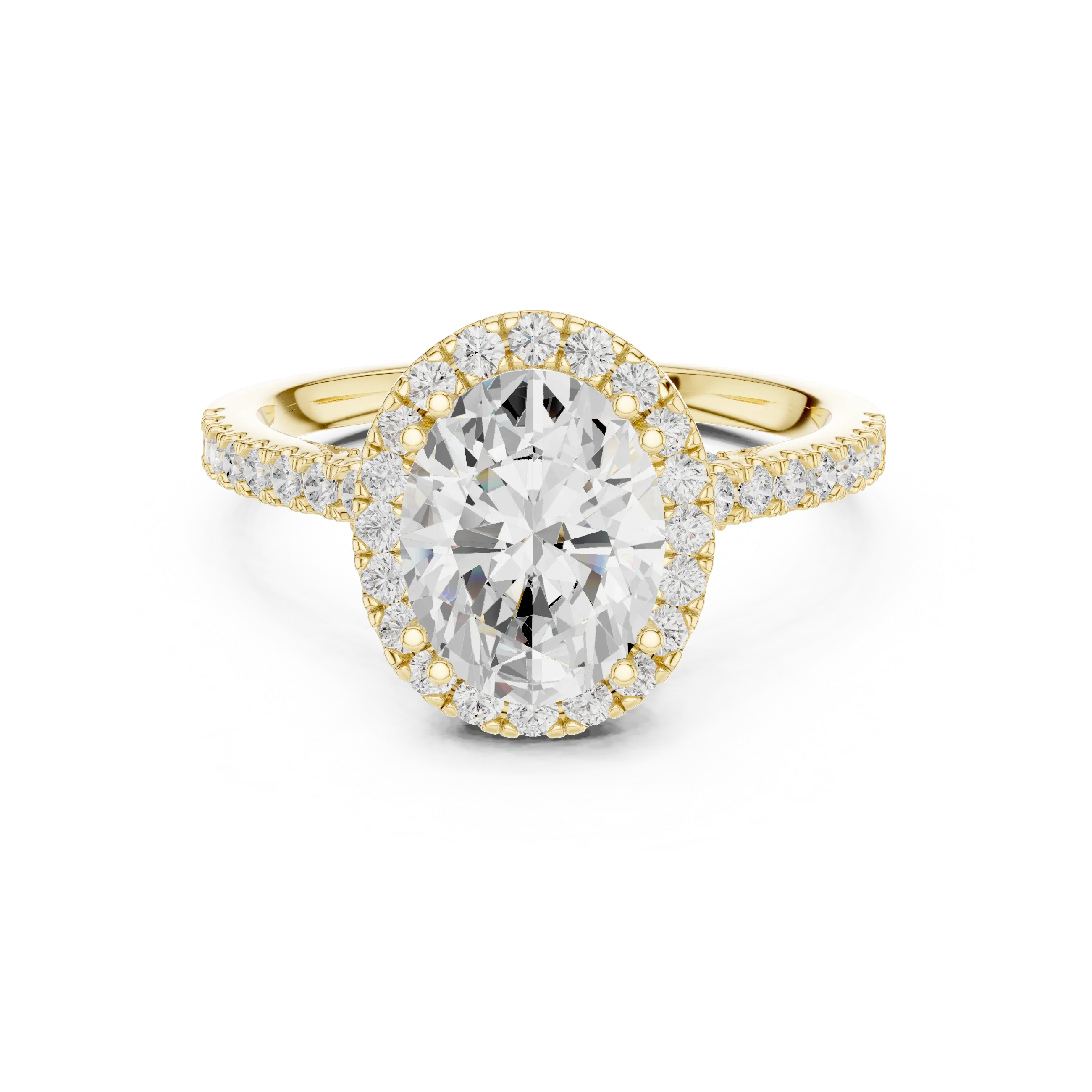 Oval Cut Diamond Halo Engagement Ring with Pave Band