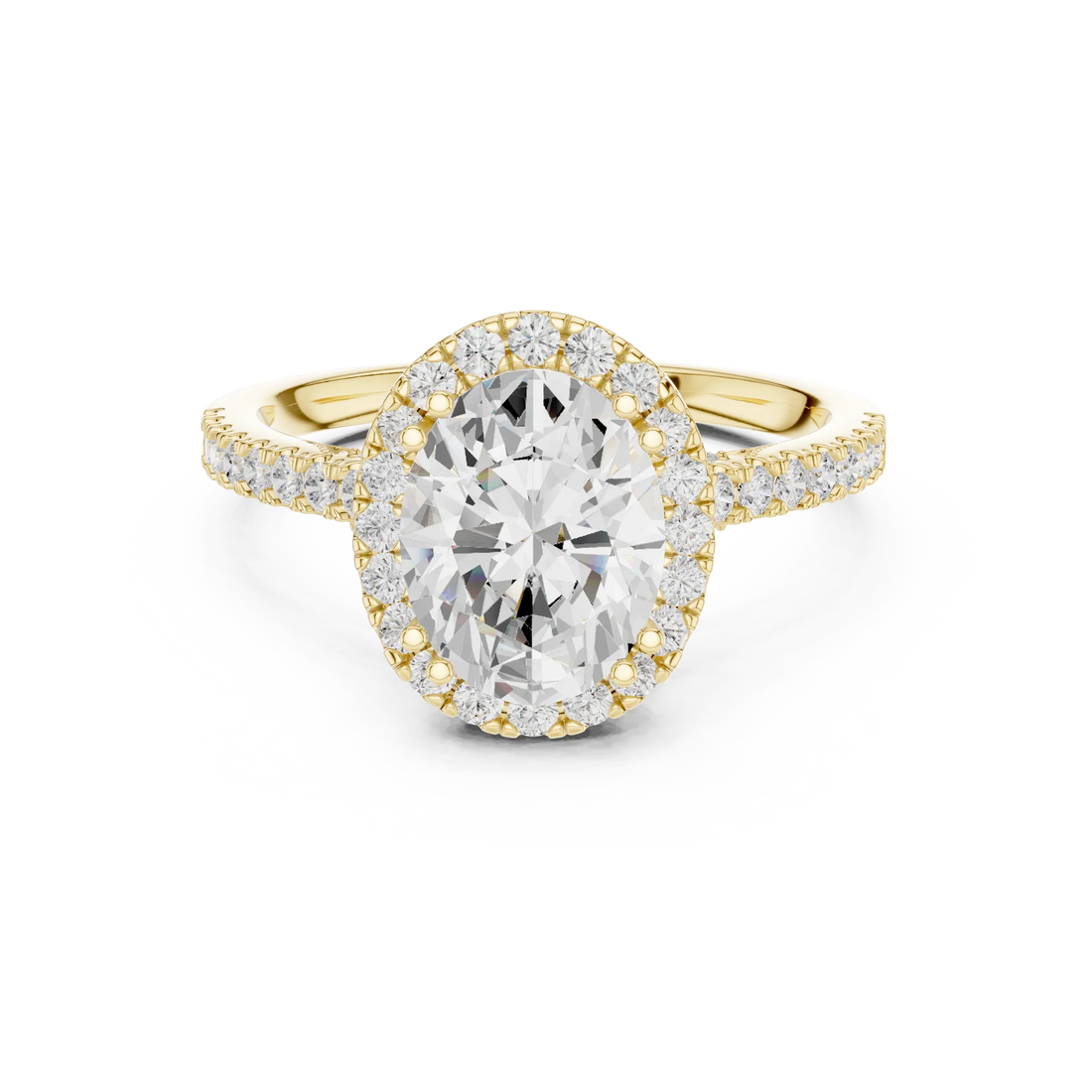 Oval Cut Diamond Halo Engagement Ring with Pave Band