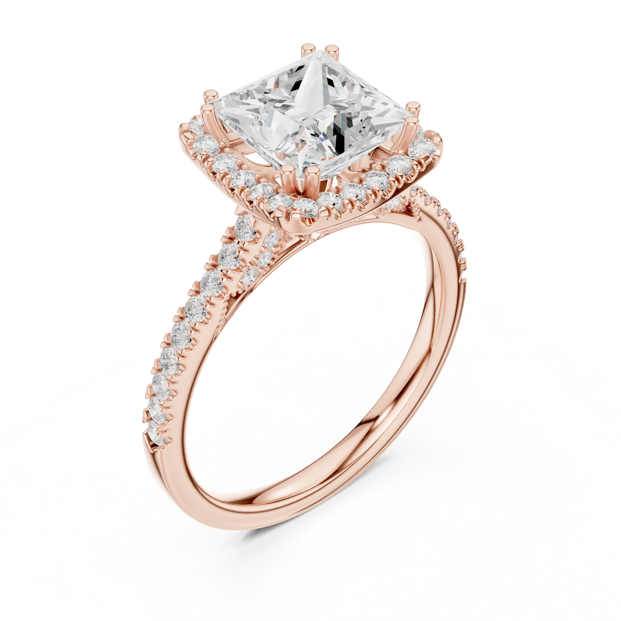 Princess Cut Diamond Halo Engagement Ring with Pave Band