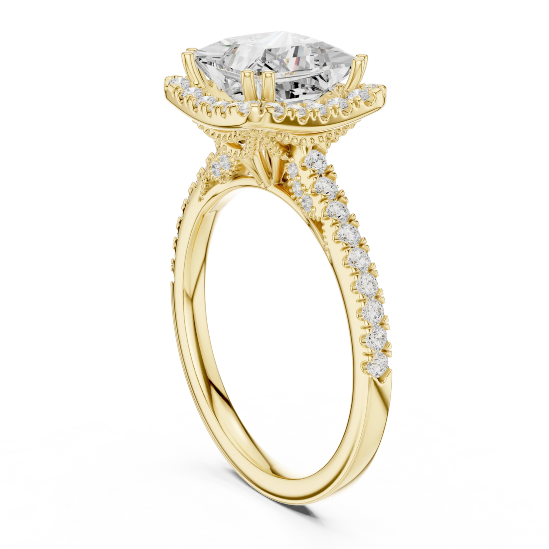 Princess Cut Diamond Halo Engagement Ring with Pave Band