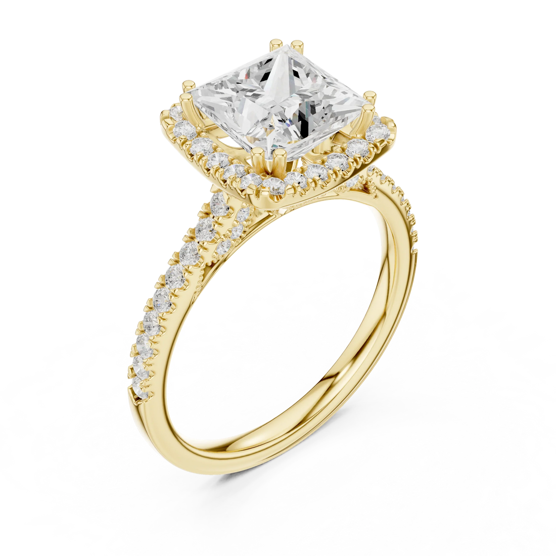 Princess Cut Diamond Halo Engagement Ring with Pave Band