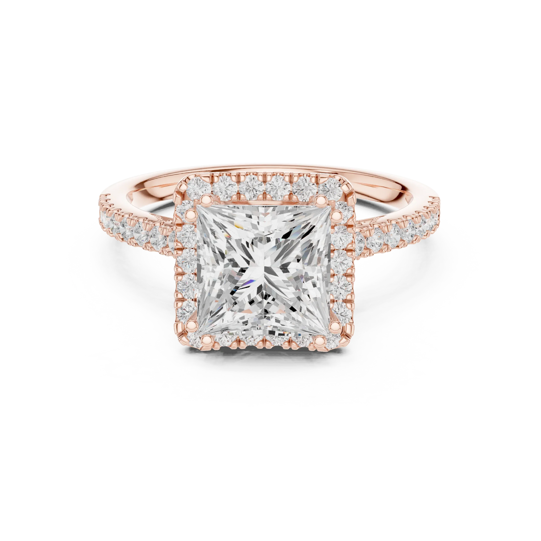 Princess Cut Diamond Halo Engagement Ring with Pave Band