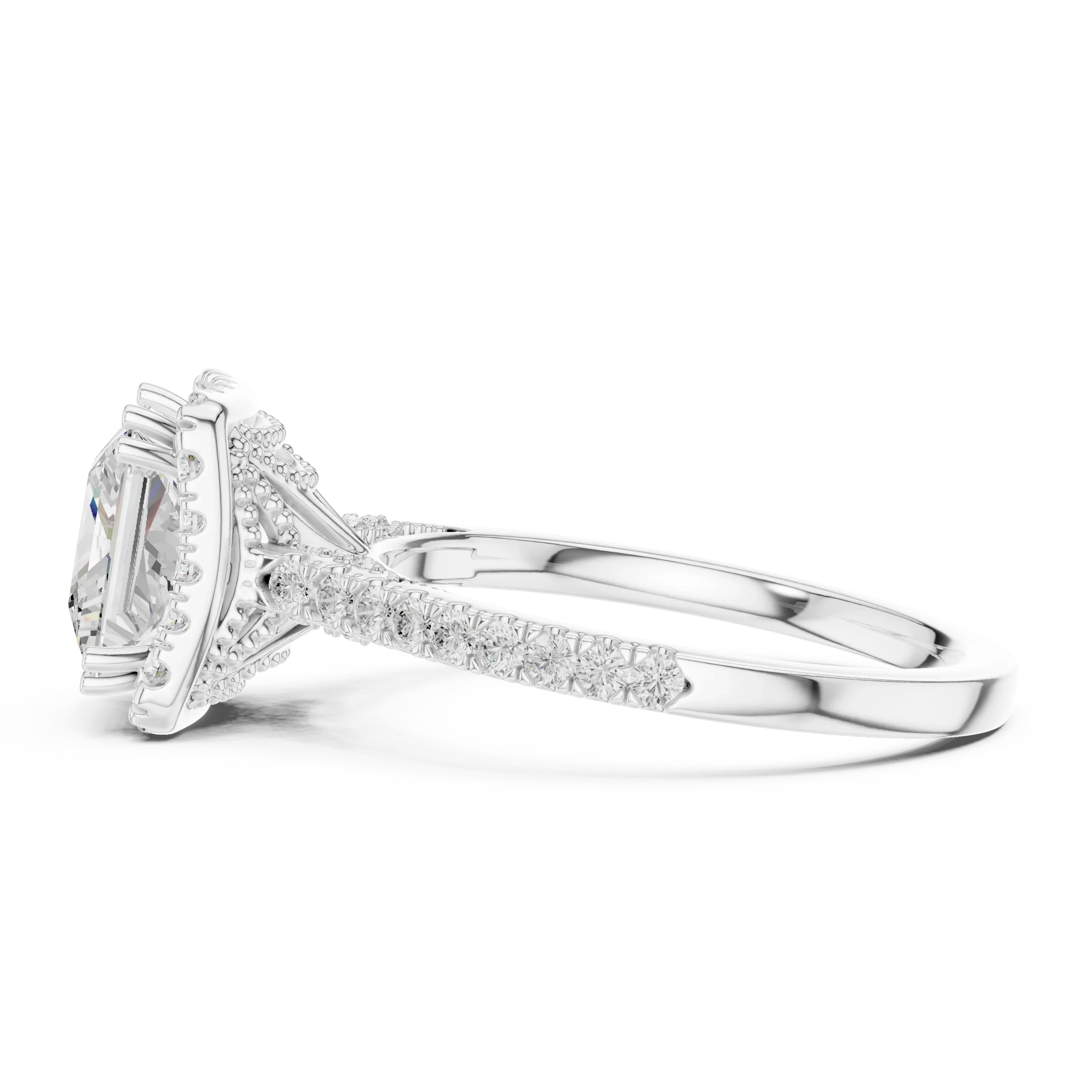 Princess Cut Diamond Halo Engagement Ring with Pave Band