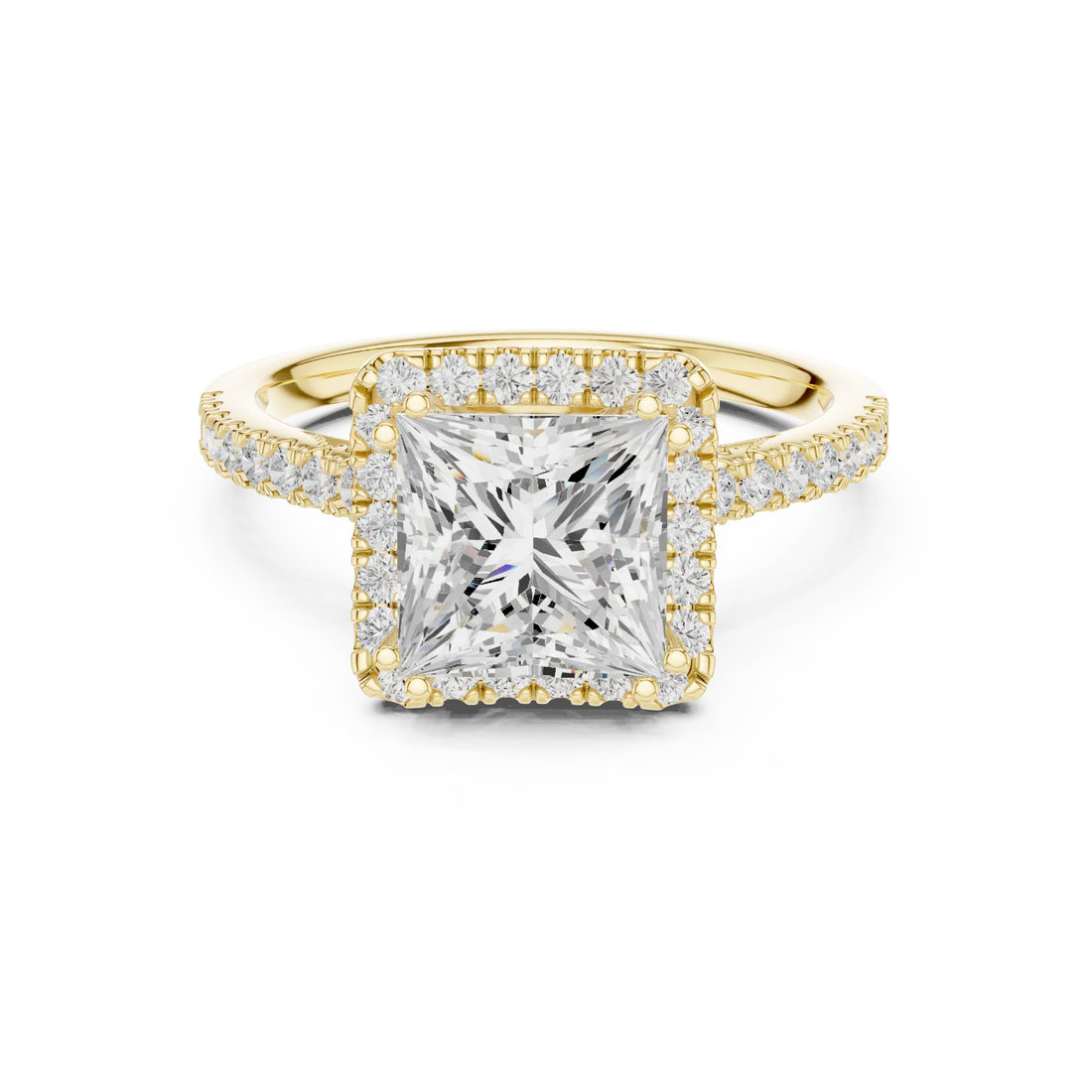 Princess Cut Diamond Halo Engagement Ring with Pave Band
