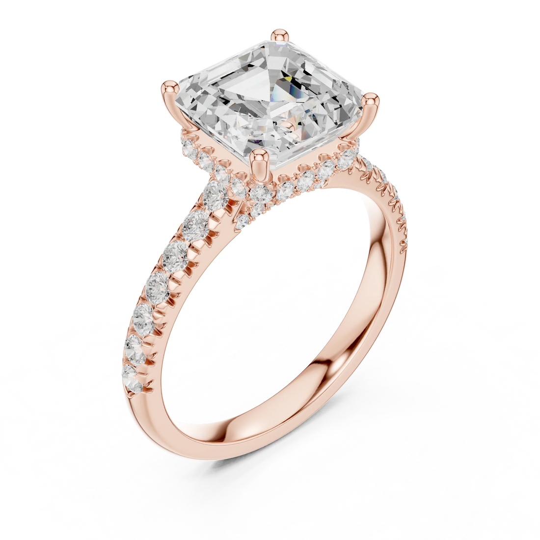 Asscher Cut Diamond Hidden Halo Engagement Ring with Pave Band