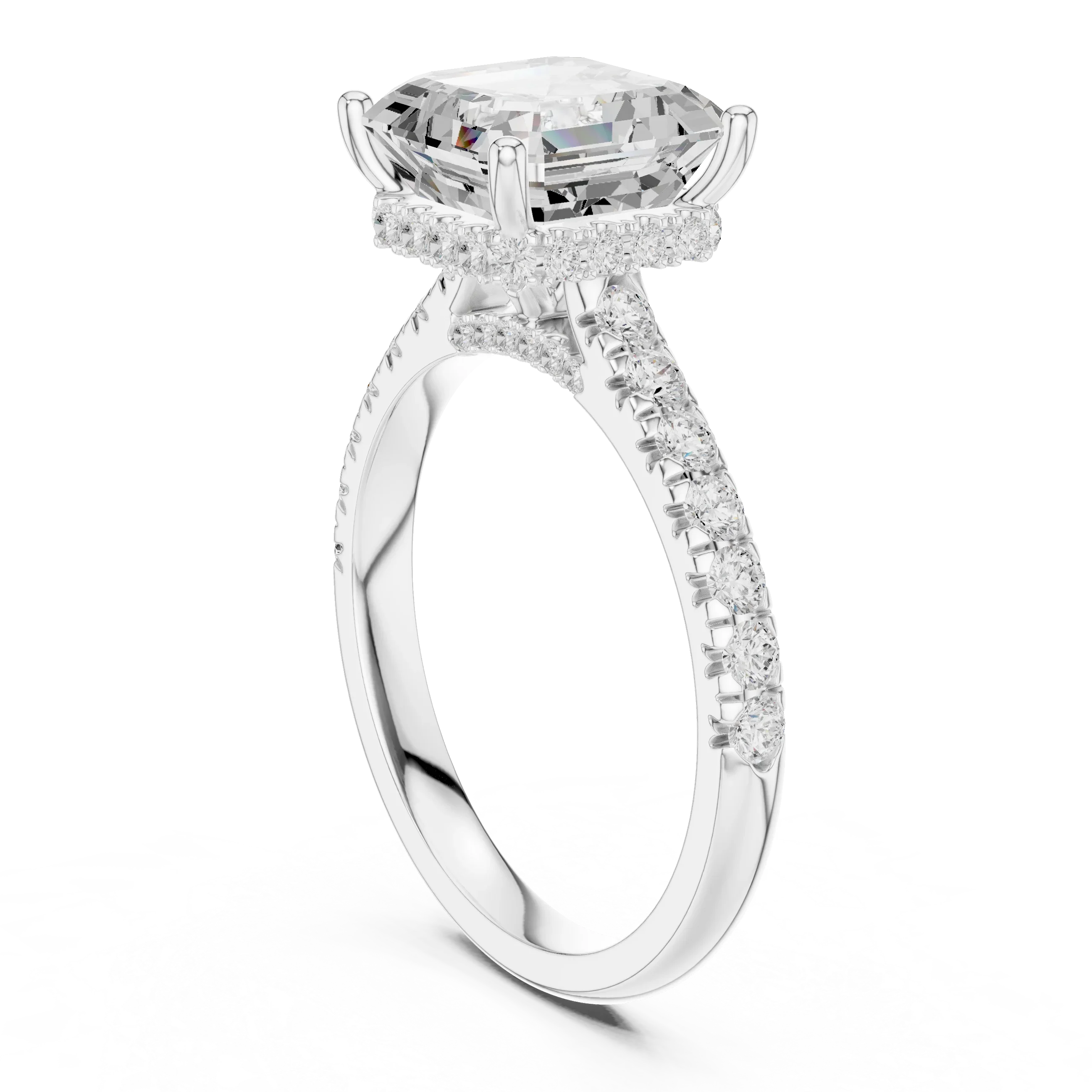 Asscher Cut Diamond Hidden Halo Engagement Ring with Pave Band