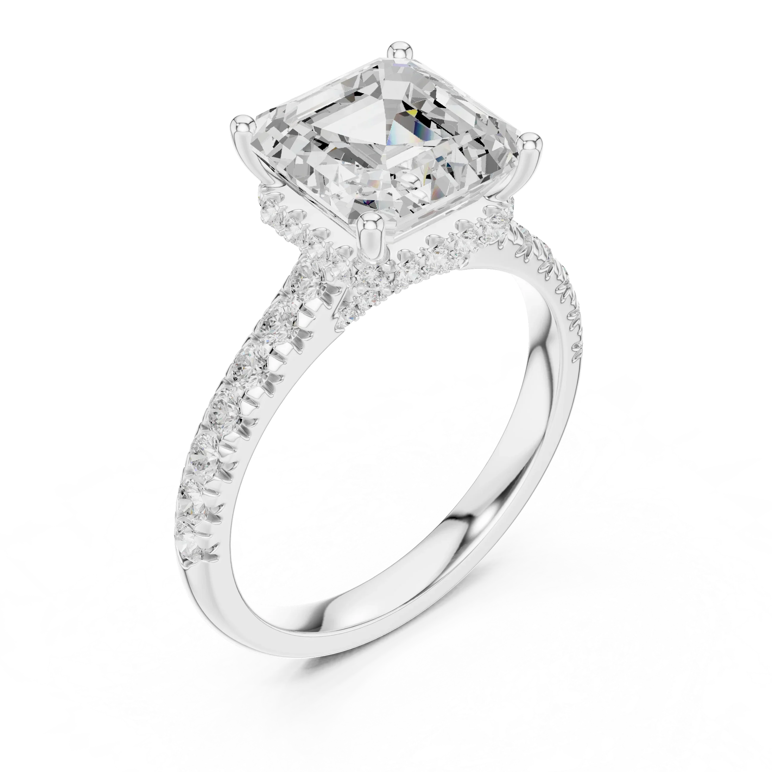 Asscher Cut Diamond Hidden Halo Engagement Ring with Pave Band