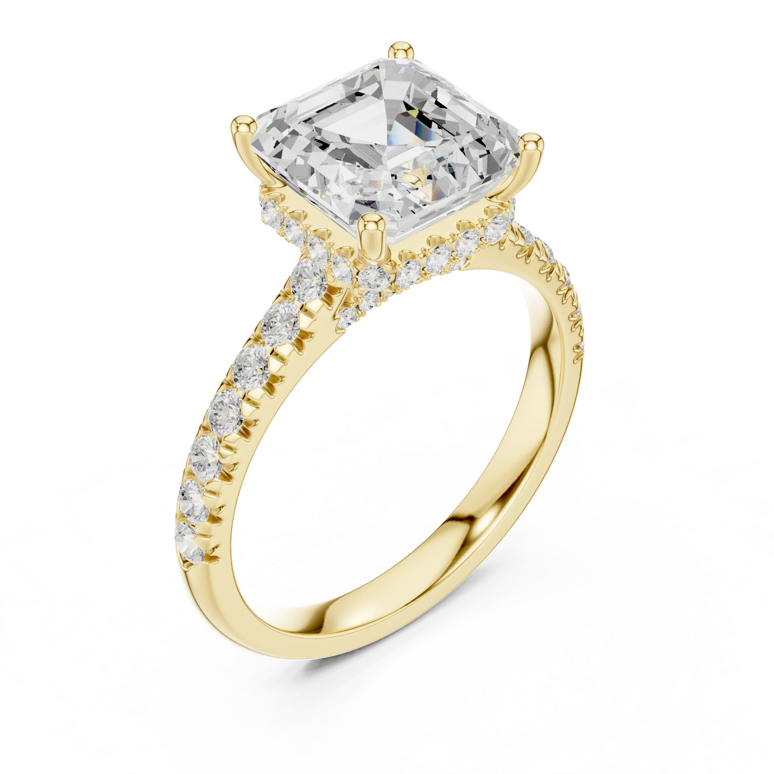 Asscher Cut Diamond Hidden Halo Engagement Ring with Pave Band