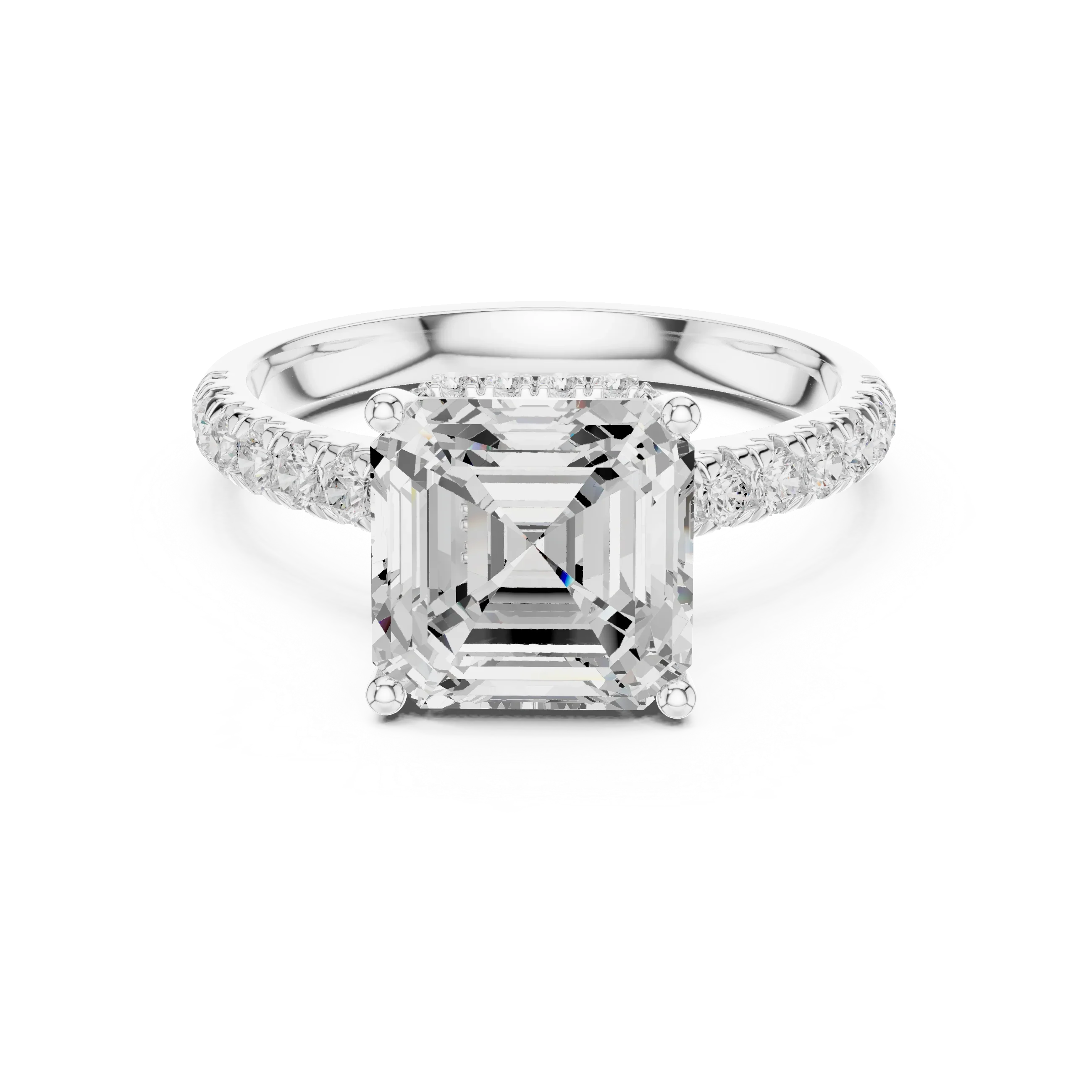 Asscher Cut Diamond Hidden Halo Engagement Ring with Pave Band