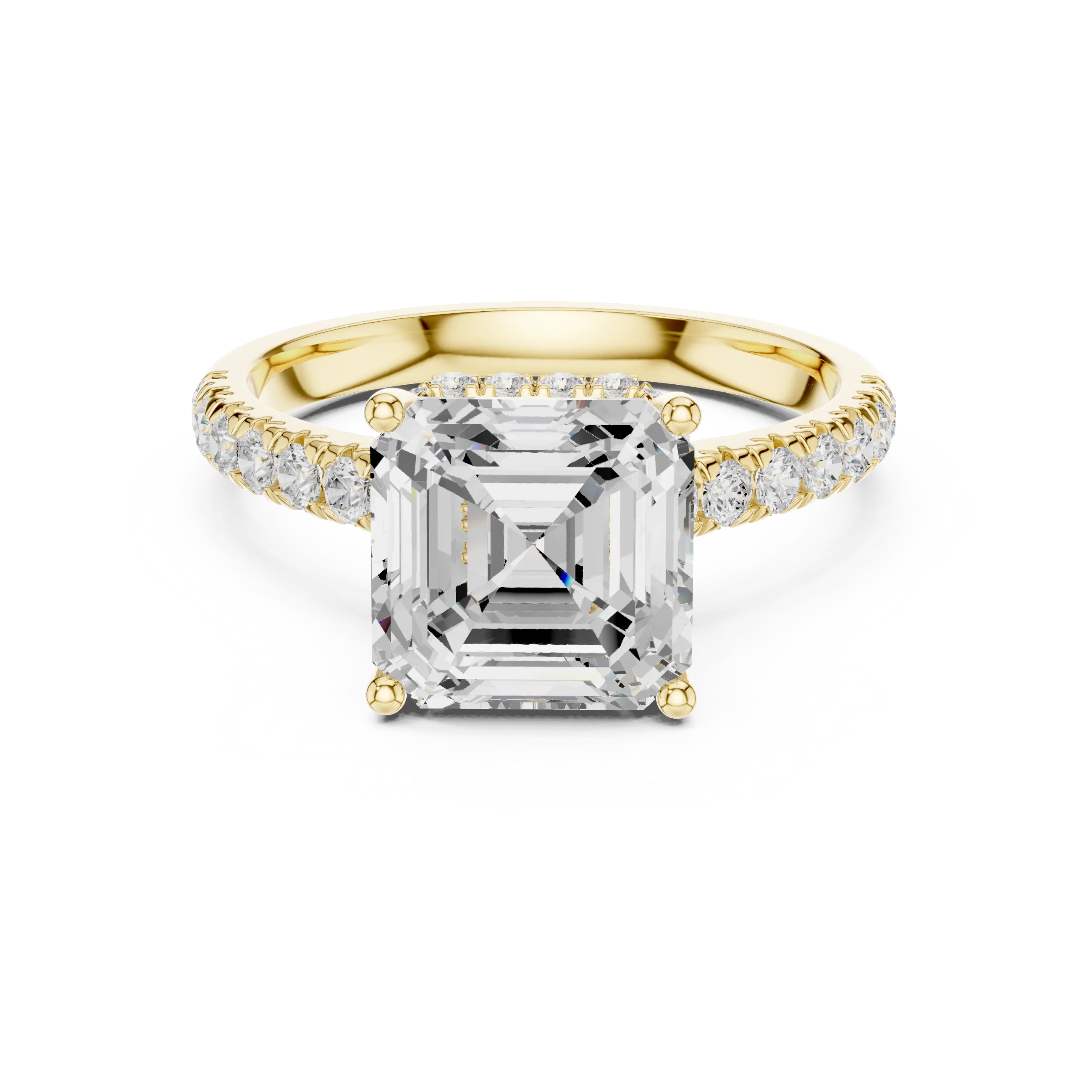 Asscher Cut Diamond Hidden Halo Engagement Ring with Pave Band