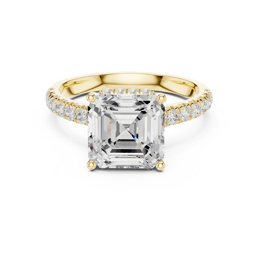 Asscher Cut Diamond Hidden Halo Engagement Ring with Pave Band