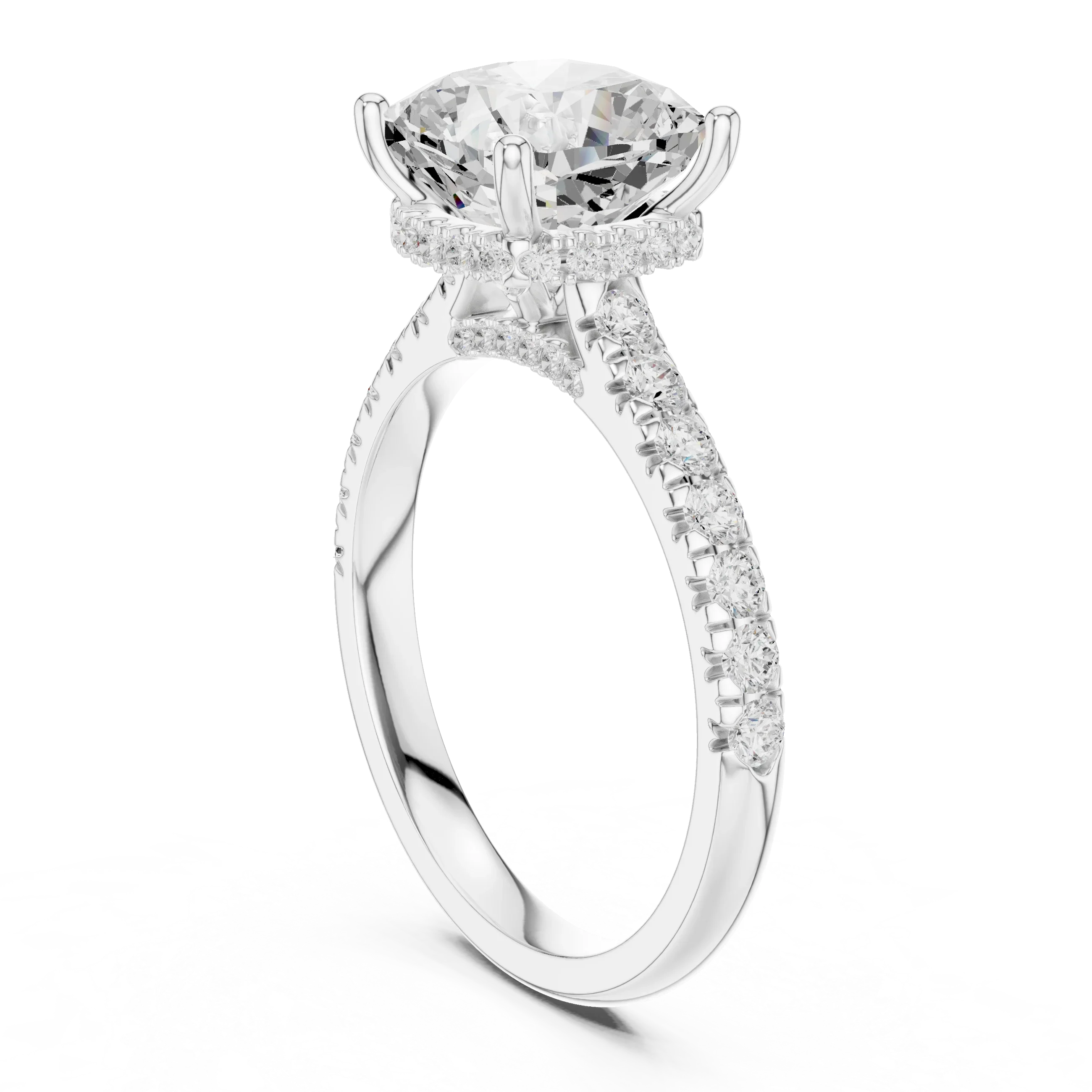 Cushion Cut Diamond Hidden Halo Engagement Ring with Pave Band