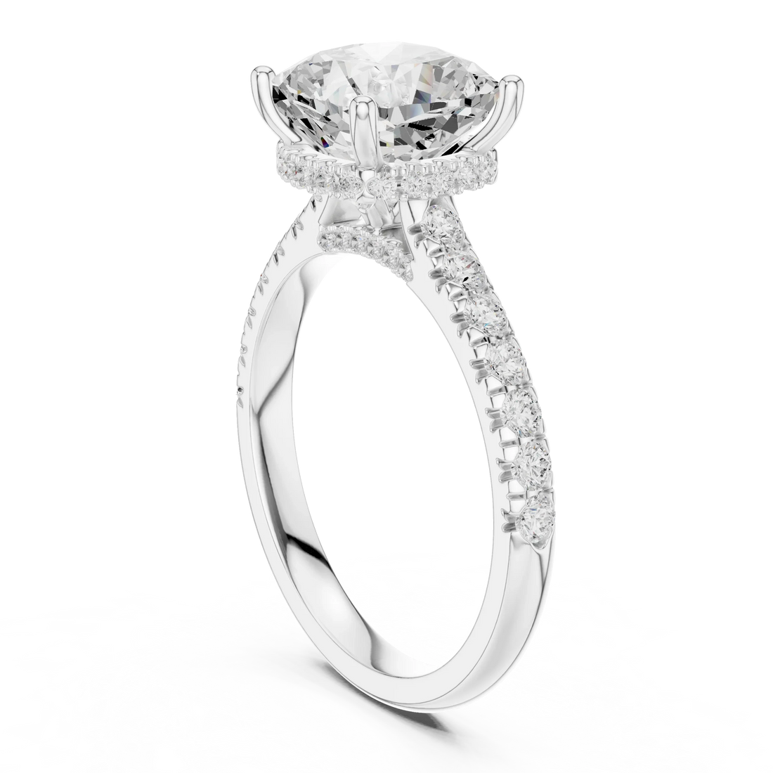 Cushion Cut Diamond Hidden Halo Engagement Ring with Pave Band