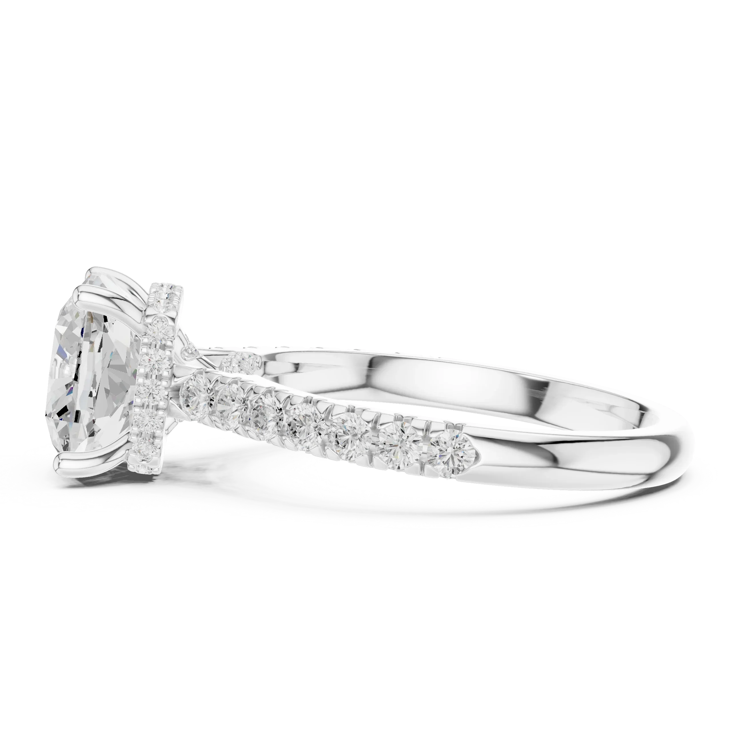 Cushion Cut Diamond Hidden Halo Engagement Ring with Pave Band