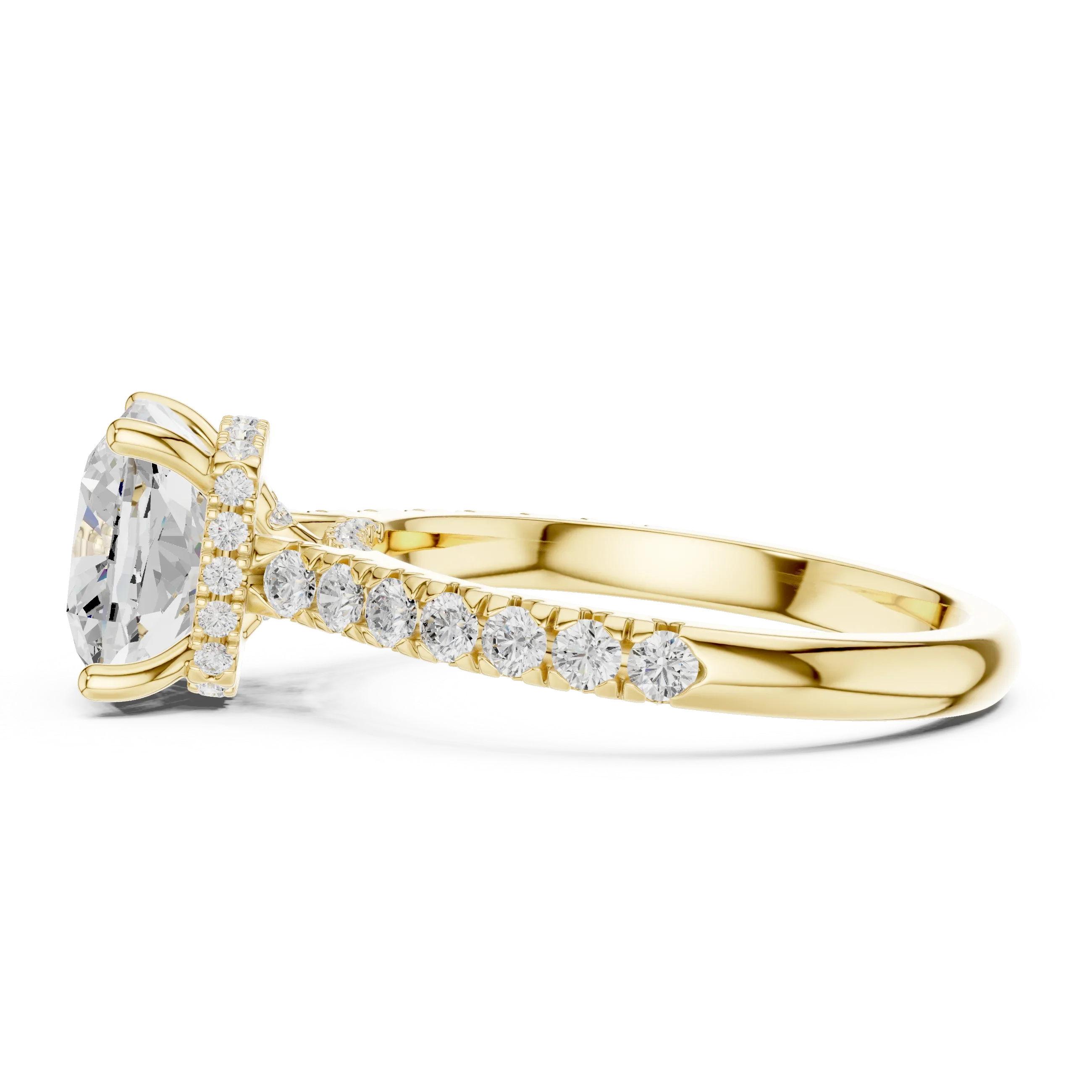 Cushion Cut Diamond Hidden Halo Engagement Ring with Pave Band