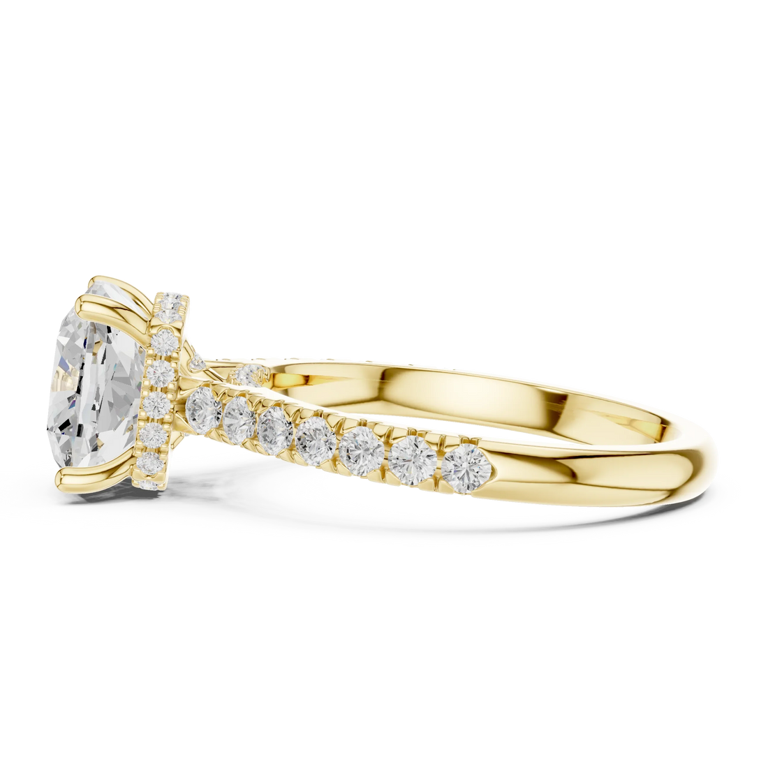 Cushion Cut Diamond Hidden Halo Engagement Ring with Pave Band