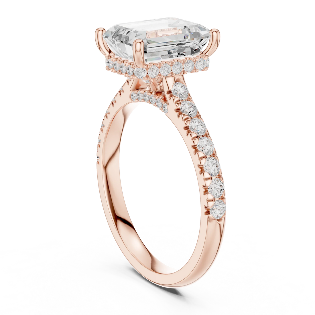 Emerald Cut Diamond Hidden Halo Engagement Ring with Pave Band