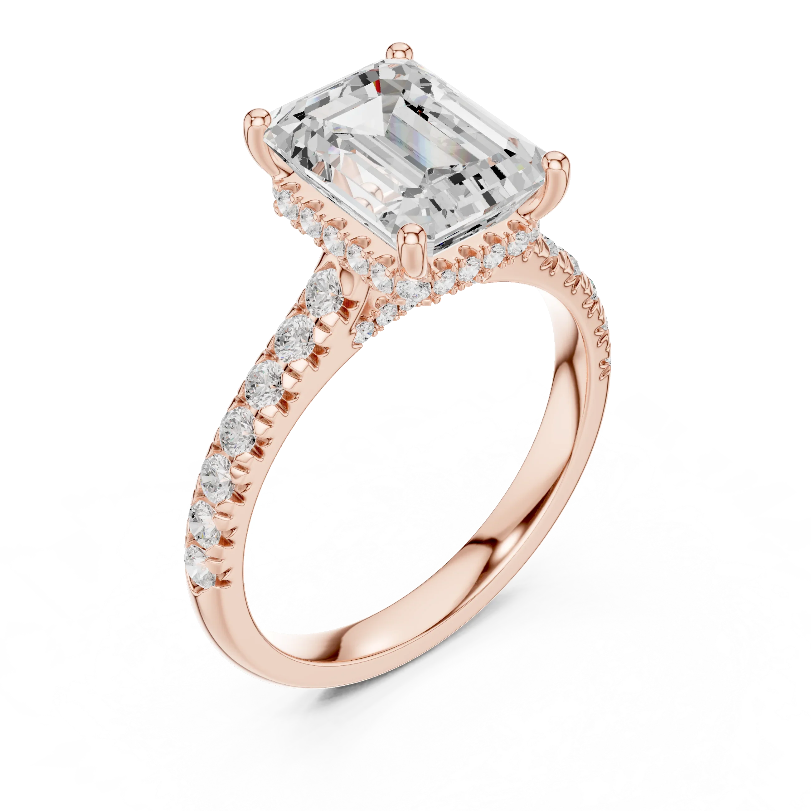 Emerald Cut Diamond Hidden Halo Engagement Ring with Pave Band