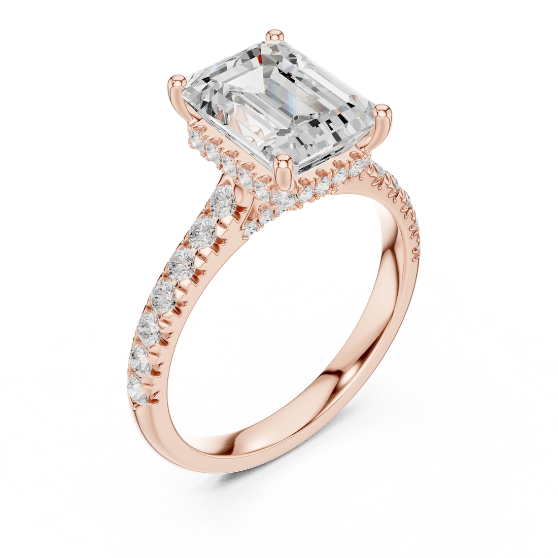 Emerald Cut Diamond Hidden Halo Engagement Ring with Pave Band