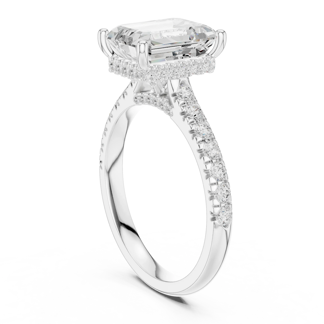Emerald Cut Diamond Hidden Halo Engagement Ring with Pave Band