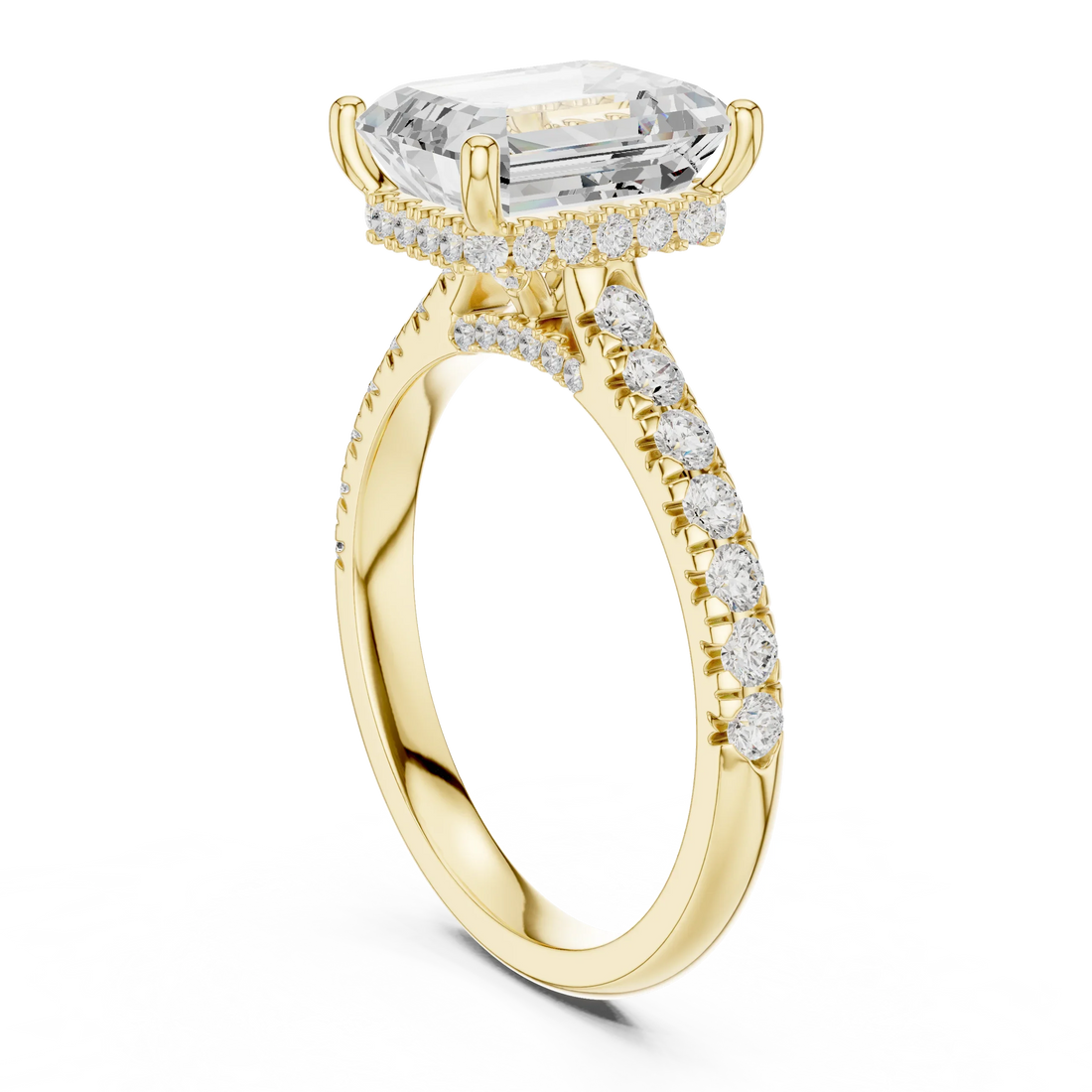 Emerald Cut Diamond Hidden Halo Engagement Ring with Pave Band