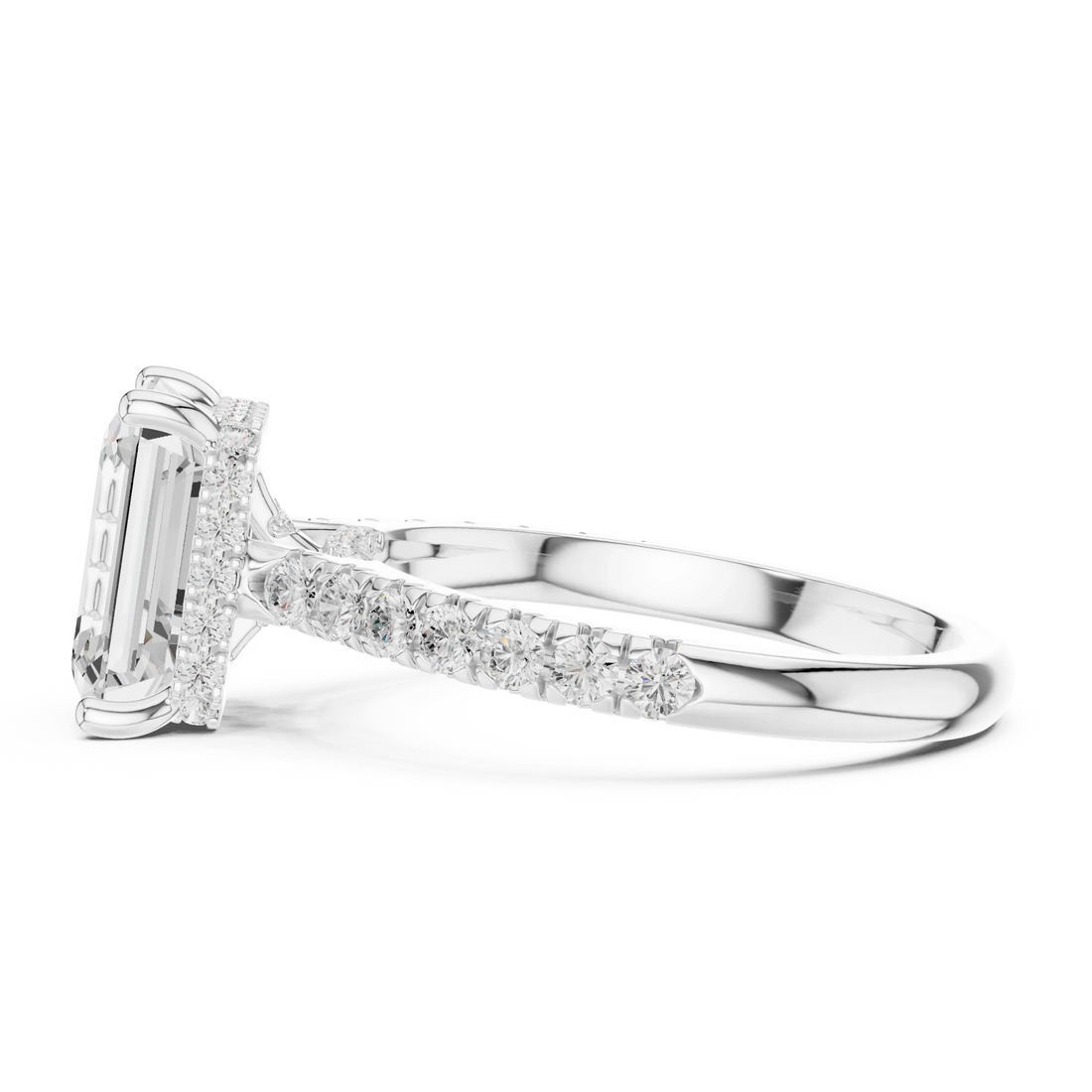 Emerald Cut Diamond Hidden Halo Engagement Ring with Pave Band
