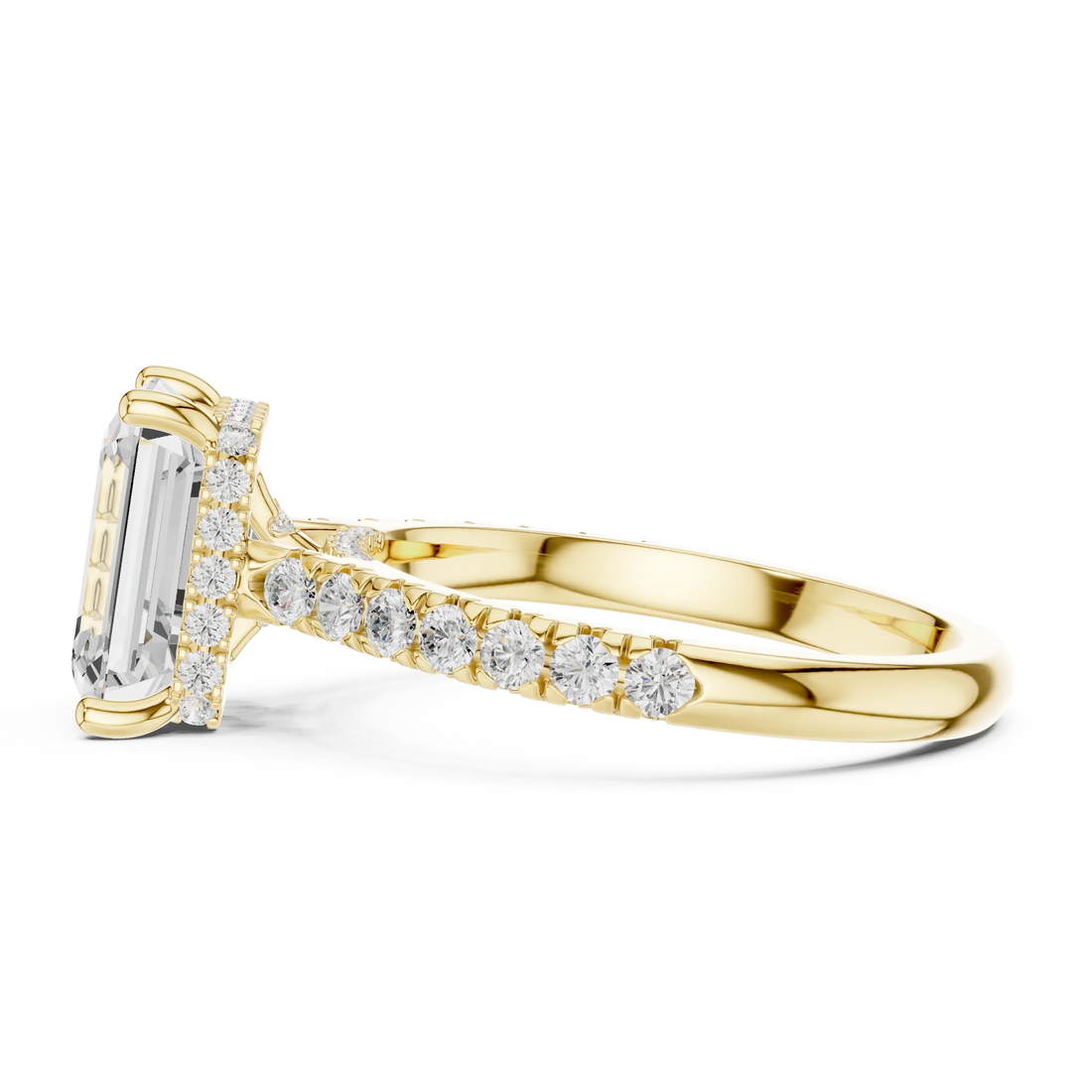Emerald Cut Diamond Hidden Halo Engagement Ring with Pave Band