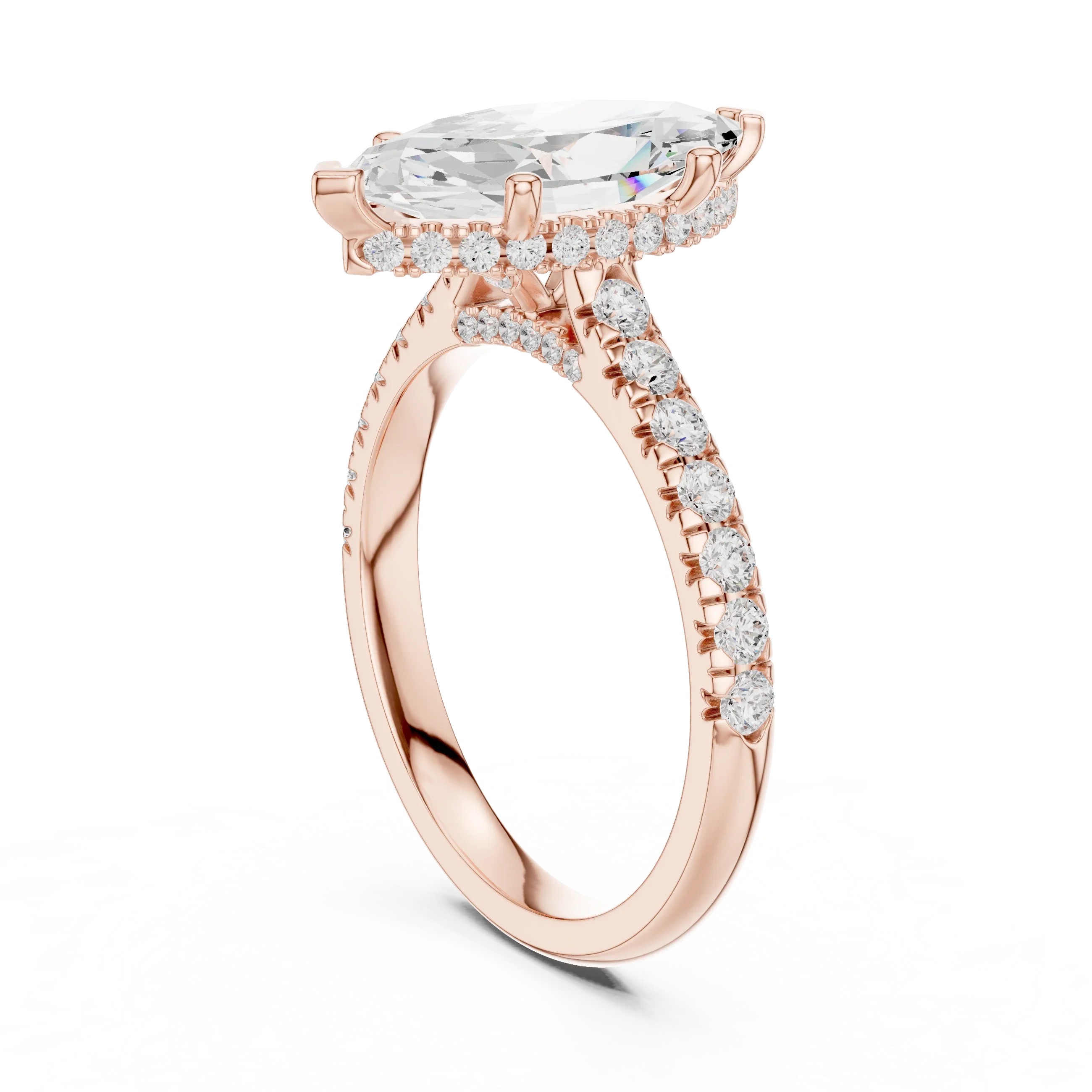 Marquise Cut Diamond Hidden Halo Engagement Ring with Pave Band