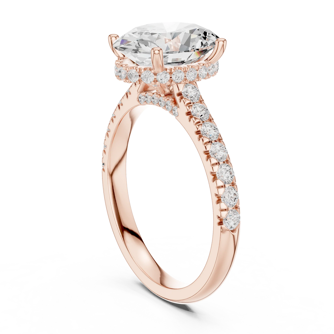 Oval Cut Diamond Hidden Halo Engagement Ring with Pave Band