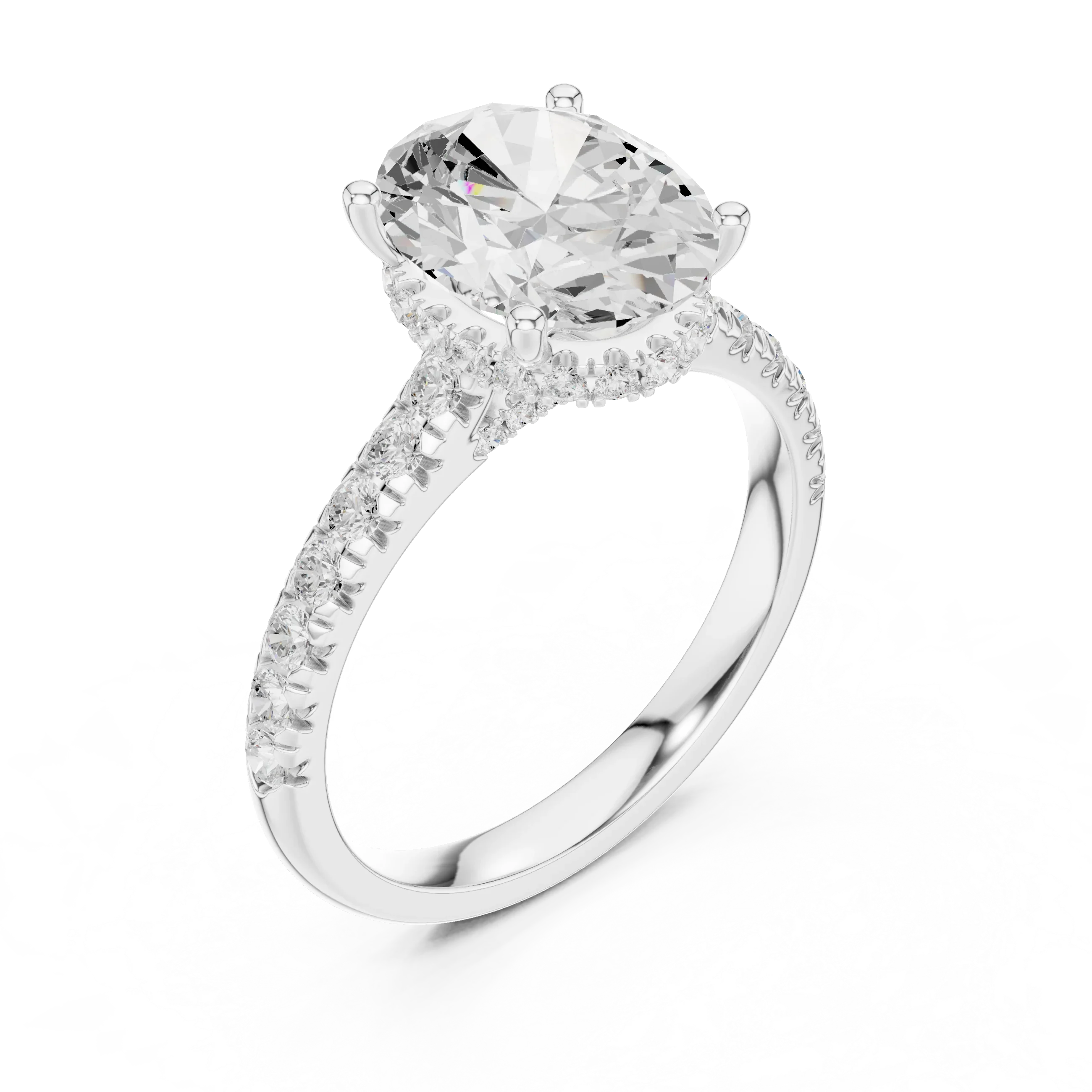 Oval Cut Diamond Hidden Halo Engagement Ring with Pave Band