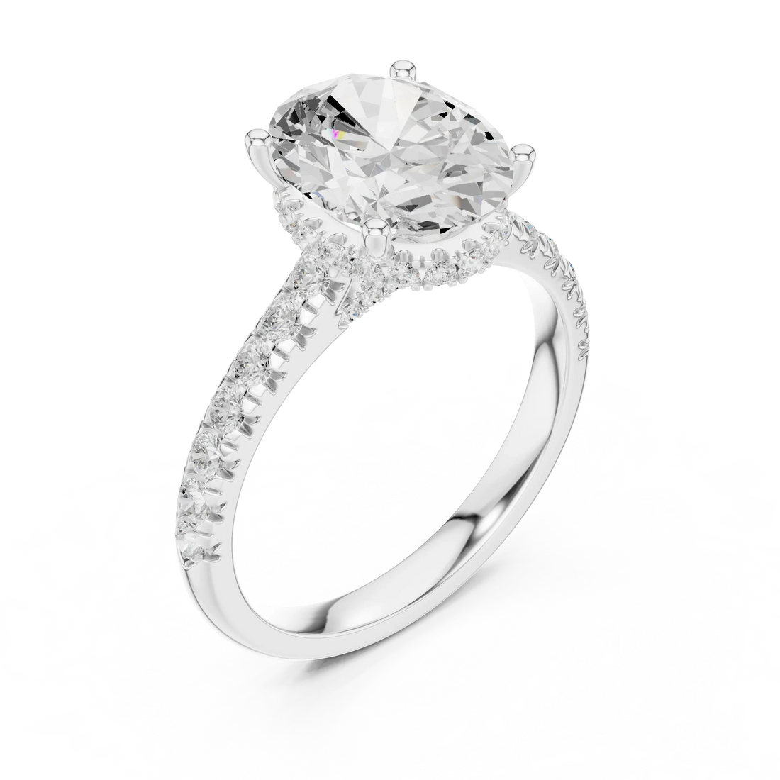 Oval Cut Diamond Hidden Halo Engagement Ring with Pave Band