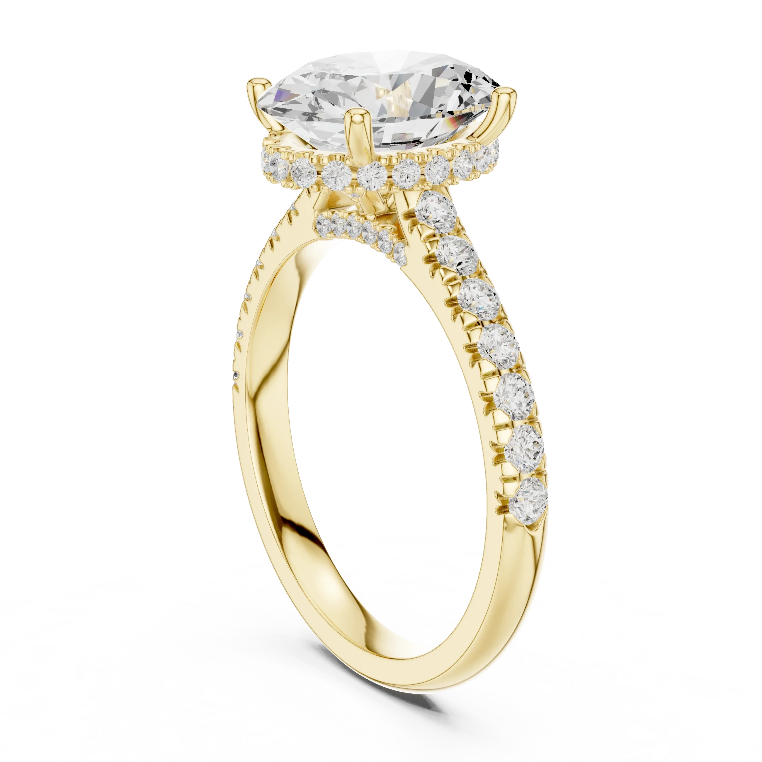 Oval Cut Diamond Hidden Halo Engagement Ring with Pave Band