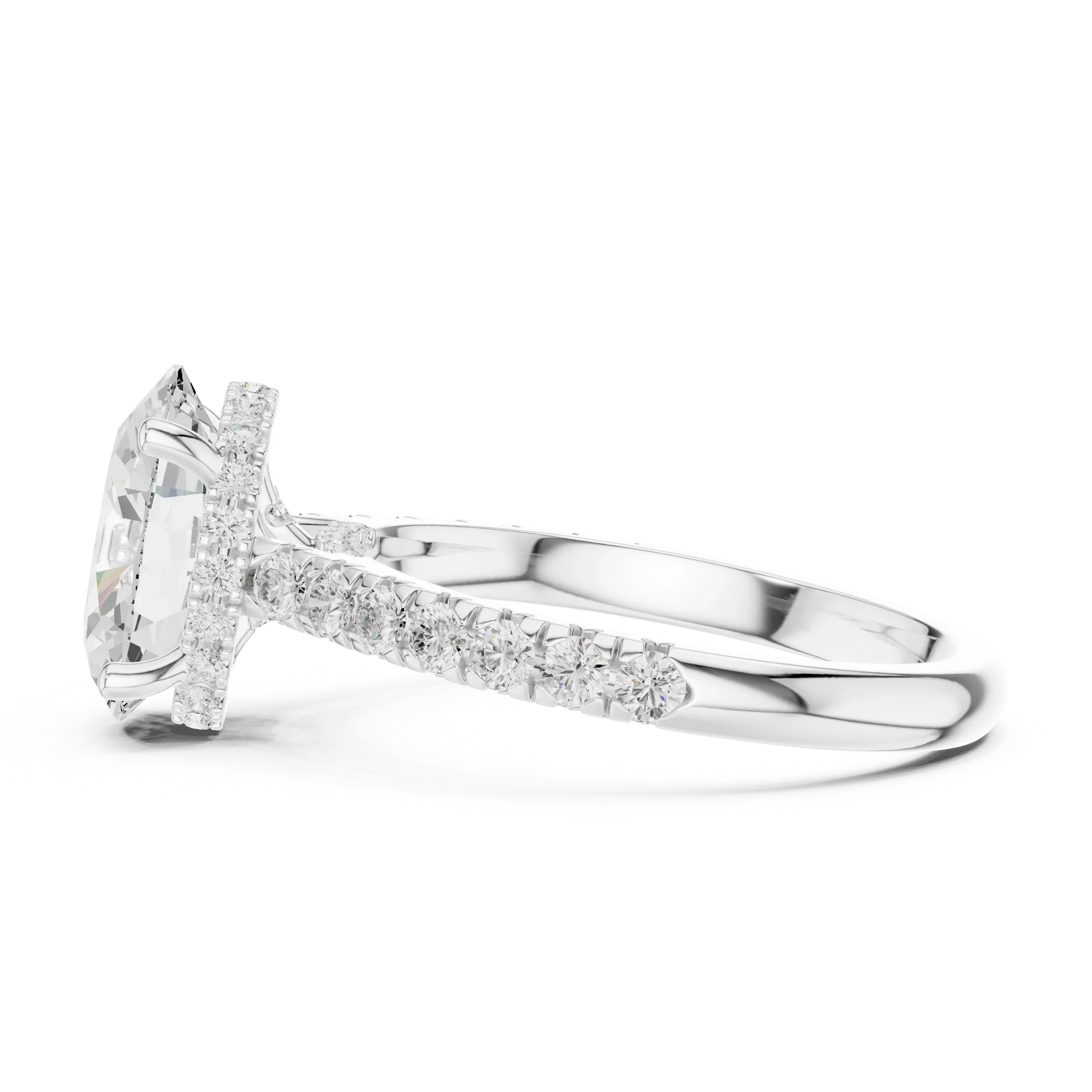 Oval Cut Diamond Hidden Halo Engagement Ring with Pave Band