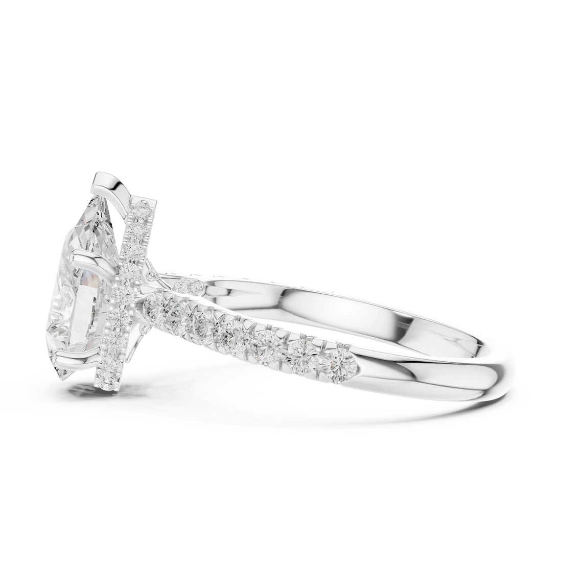 Pear Cut Diamond Hidden Halo Engagement Ring with Pave Band