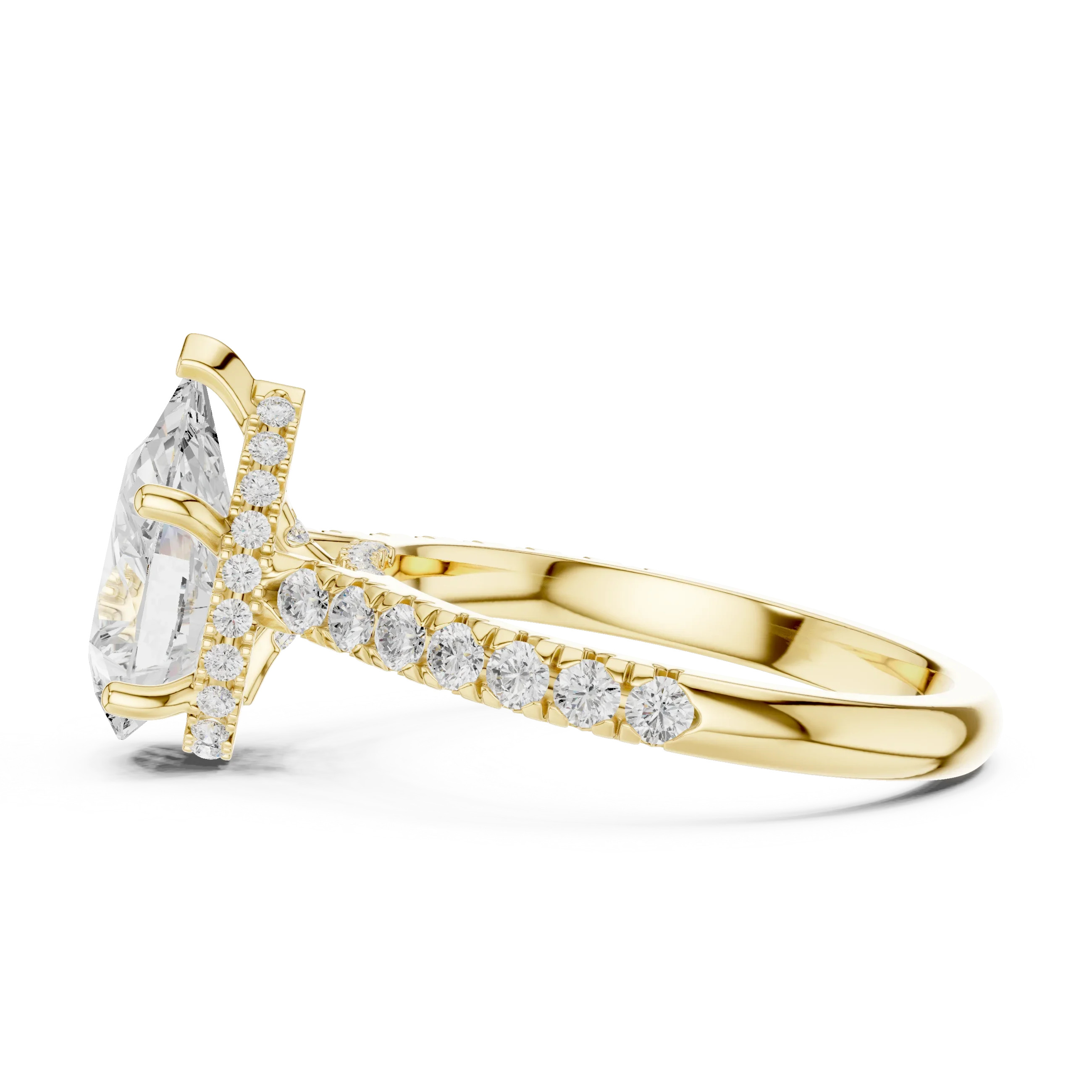 Pear Cut Diamond Hidden Halo Engagement Ring with Pave Band