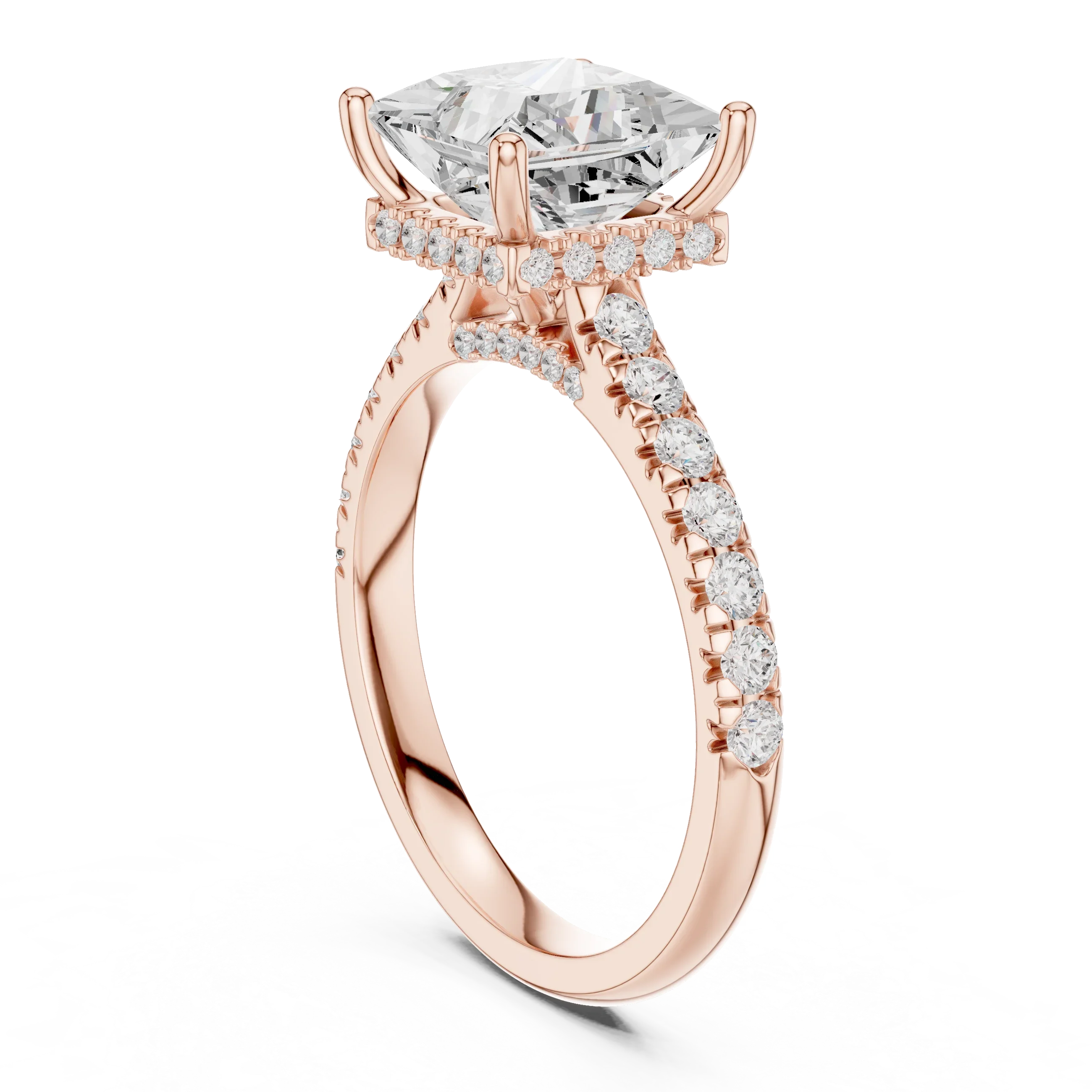 Princess Cut Diamond Hidden Halo Engagement Ring with Pave Band
