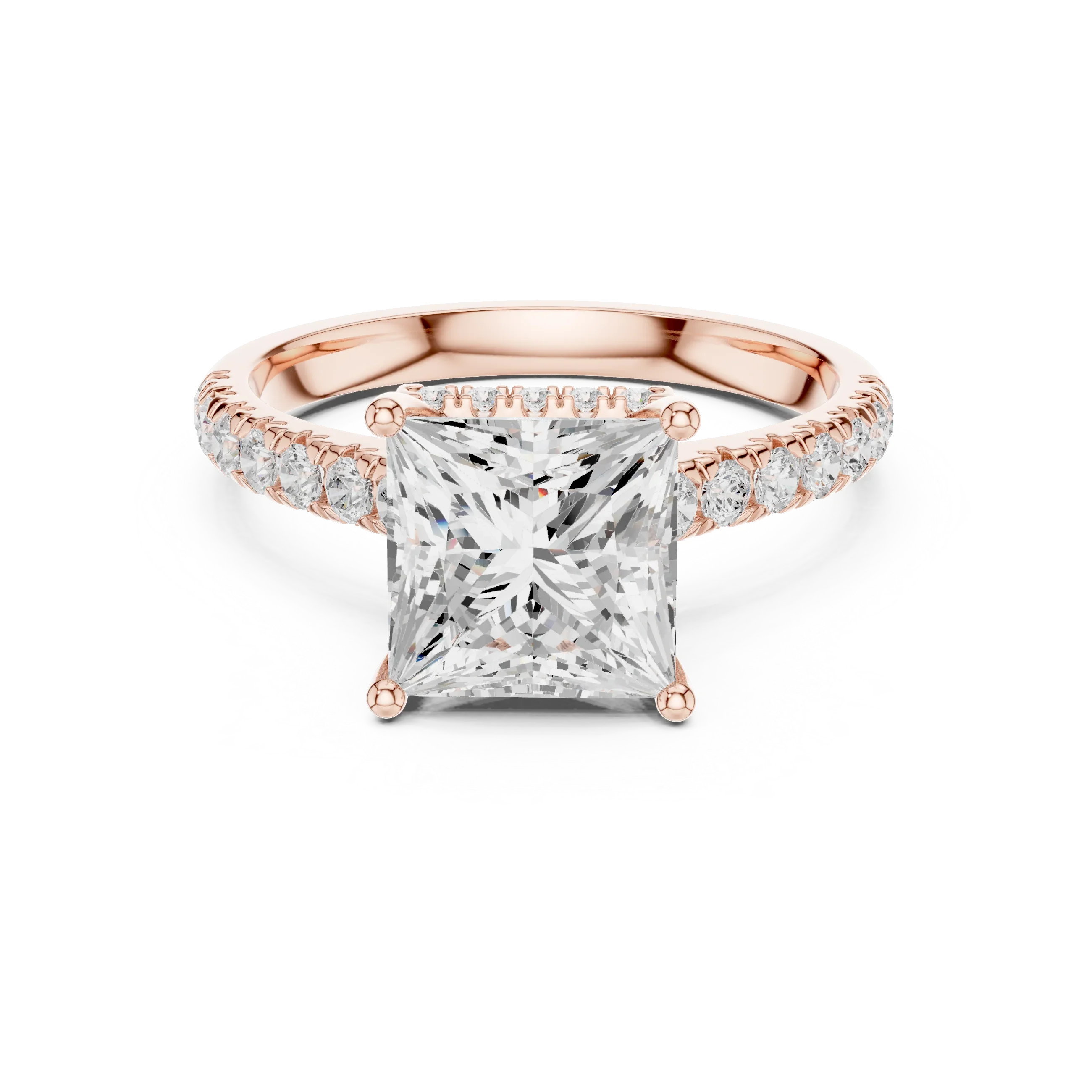 Princess Cut Diamond Hidden Halo Engagement Ring with Pave Band